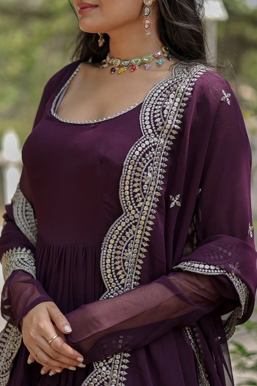wine gown round neck and sequin dupatta closeup