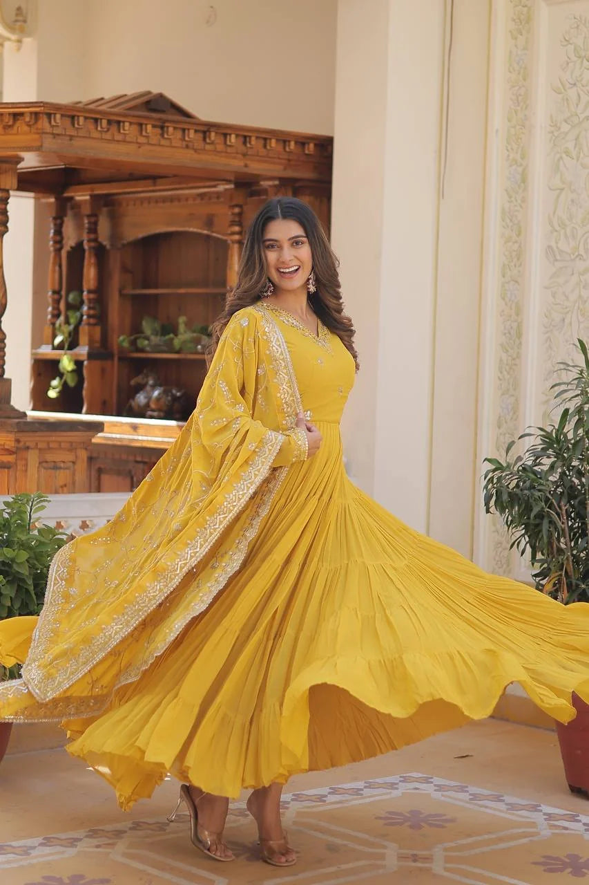 yellow frill gown big twirl with dupatta