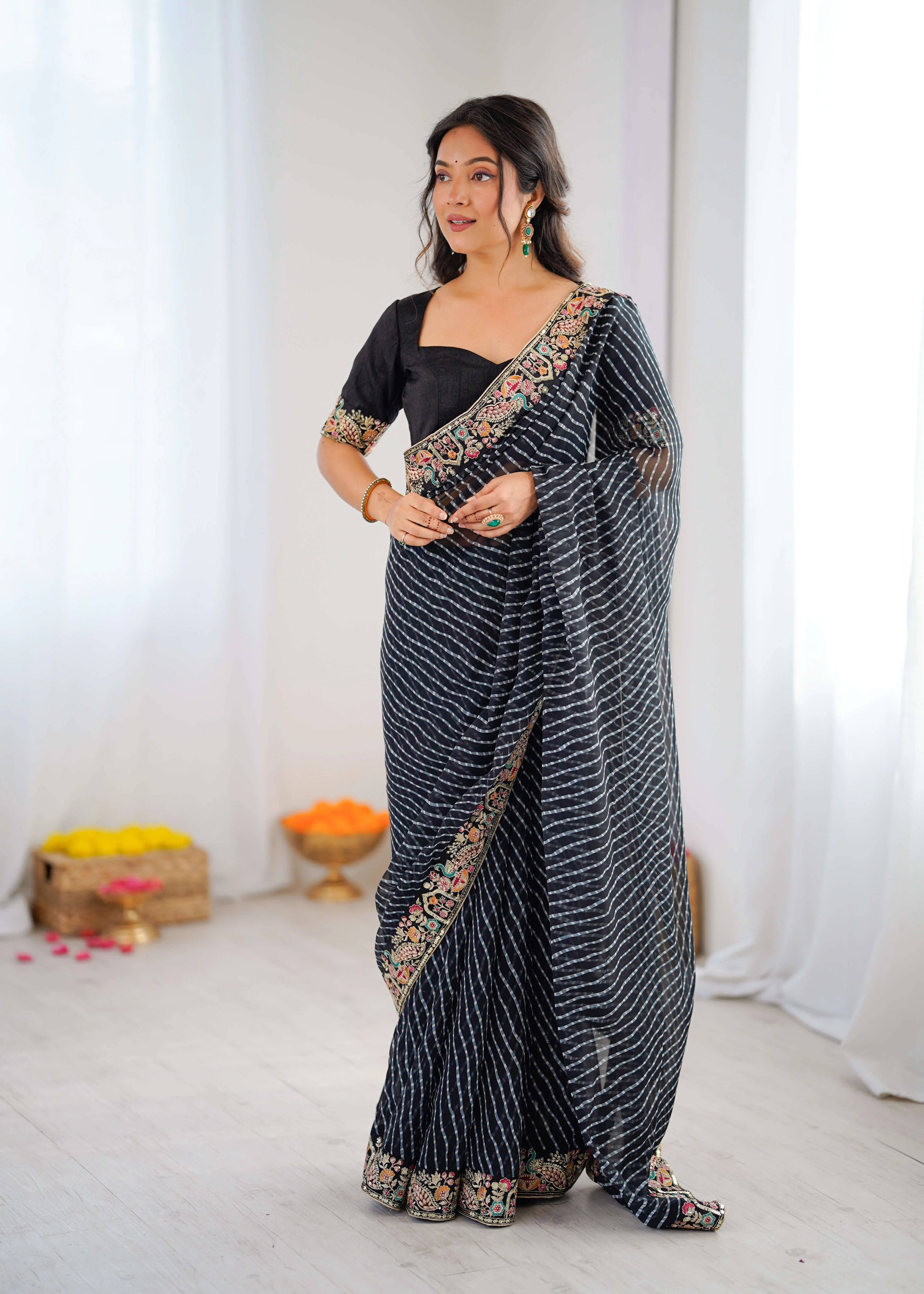 black georgette leheriya saree front standing