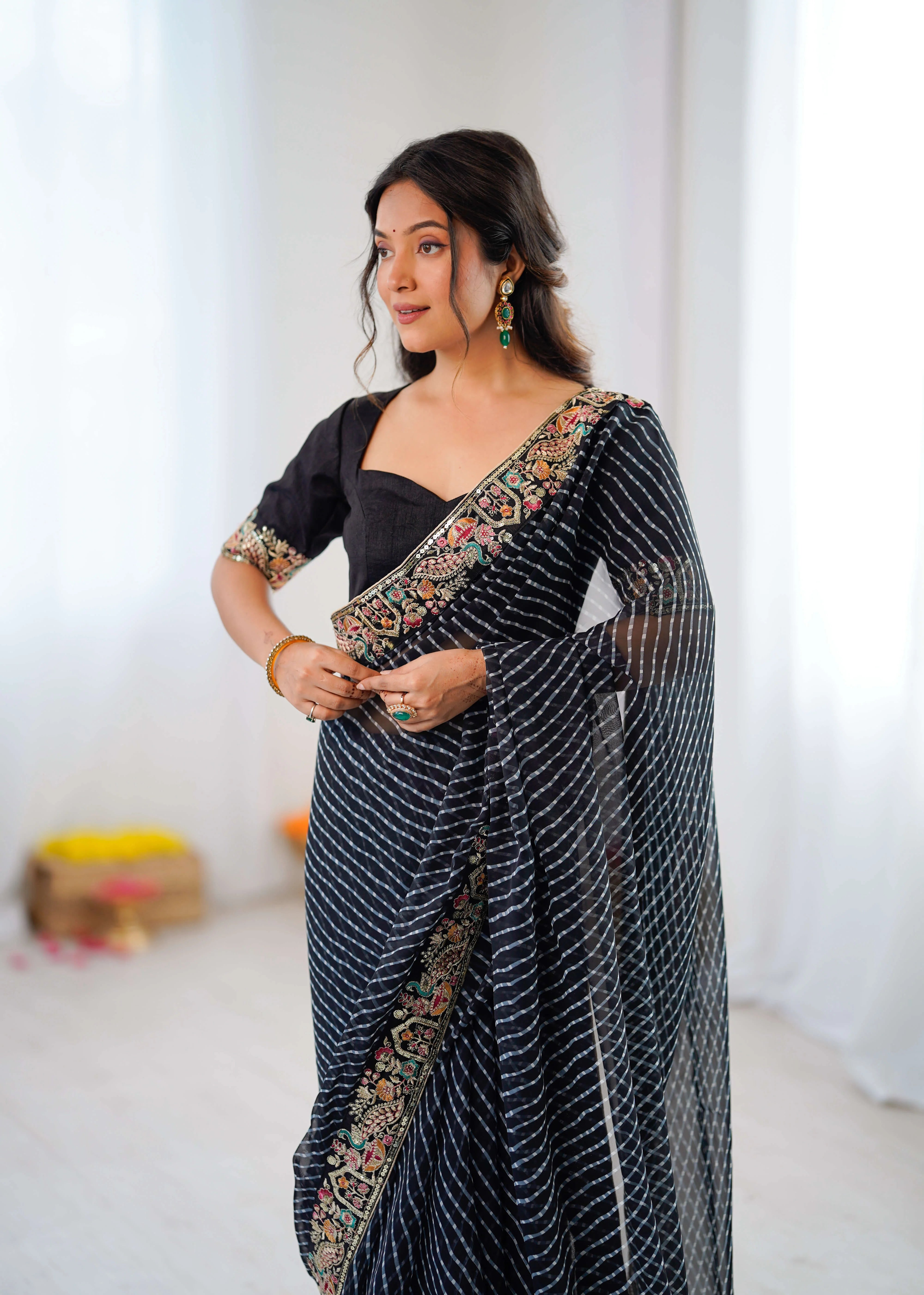 black georgette leheriya saree front full view