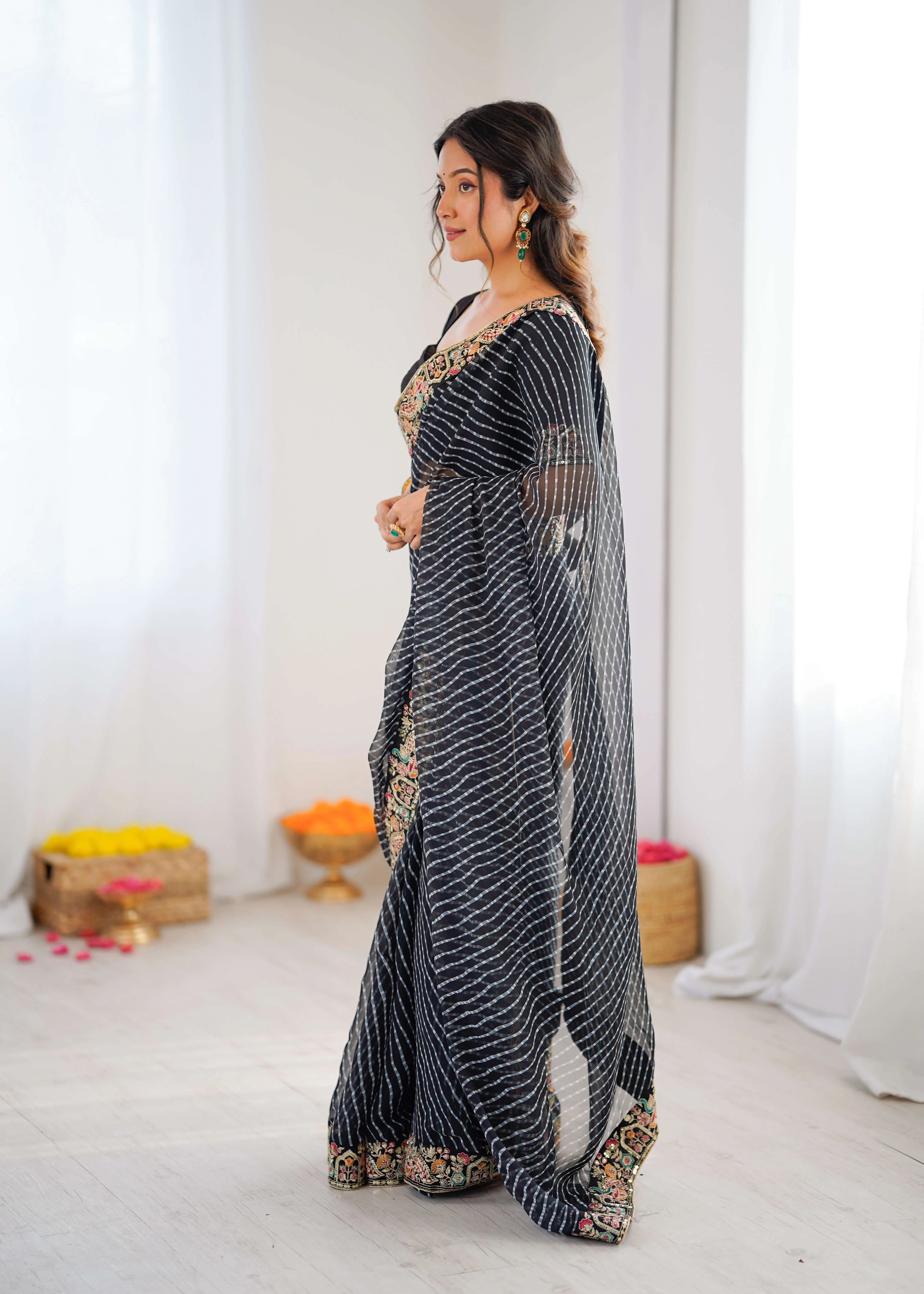 black georgette leheriya saree side view