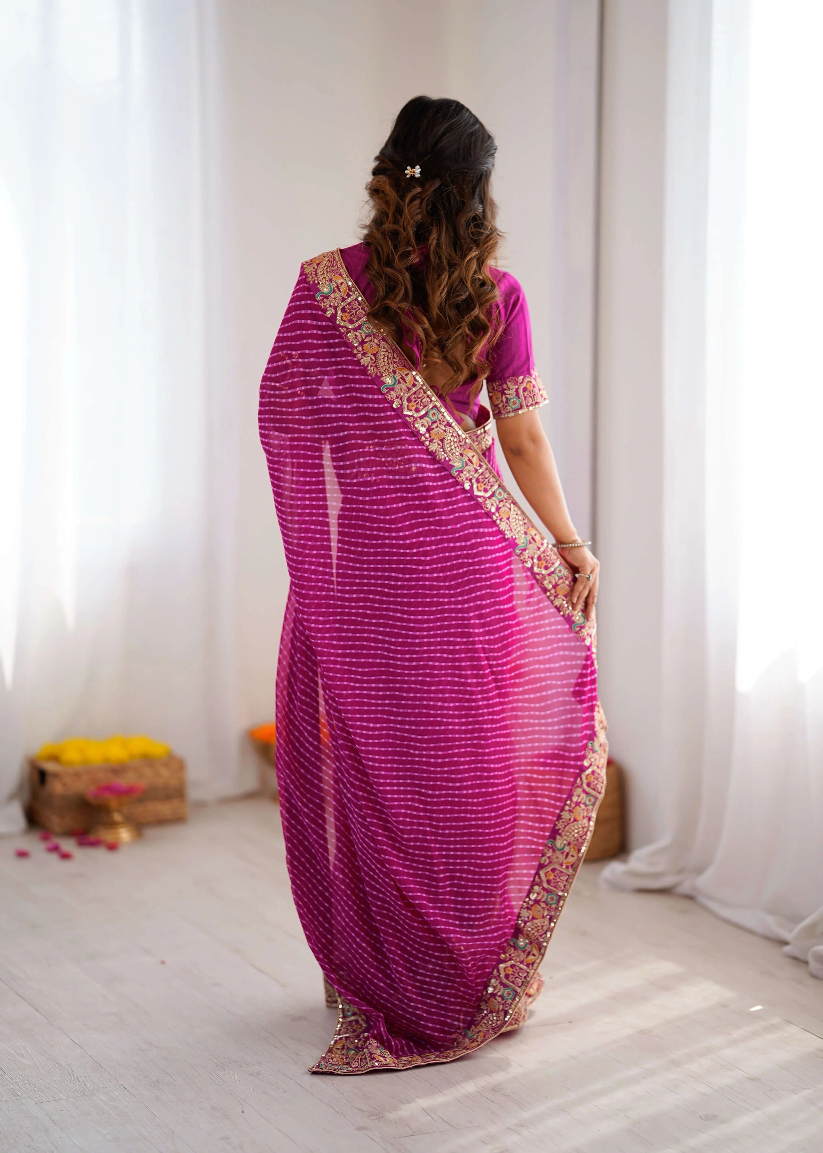 georgette leheriya saree magenta back drape view