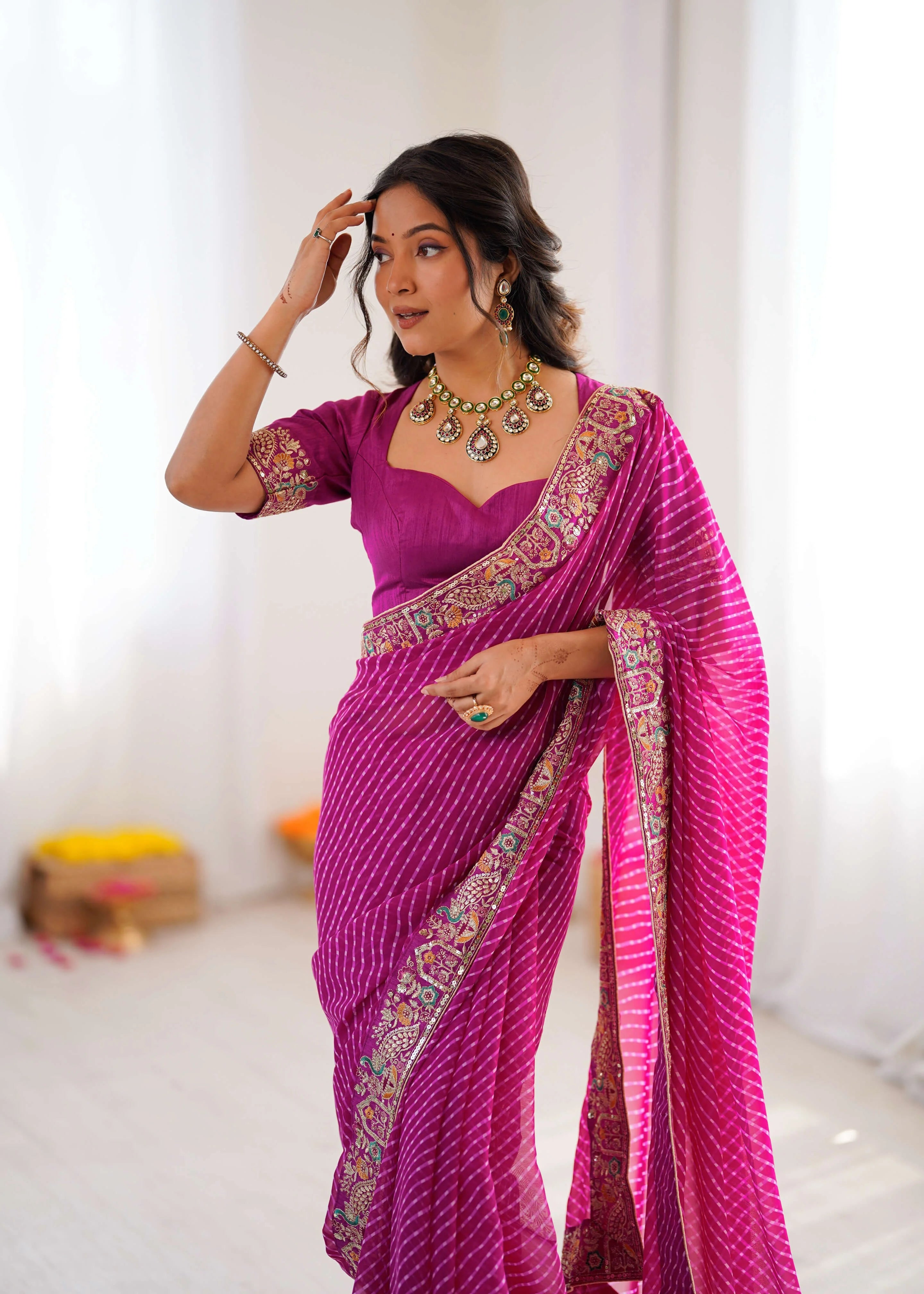 magenta georgette leheriya saree front detail view