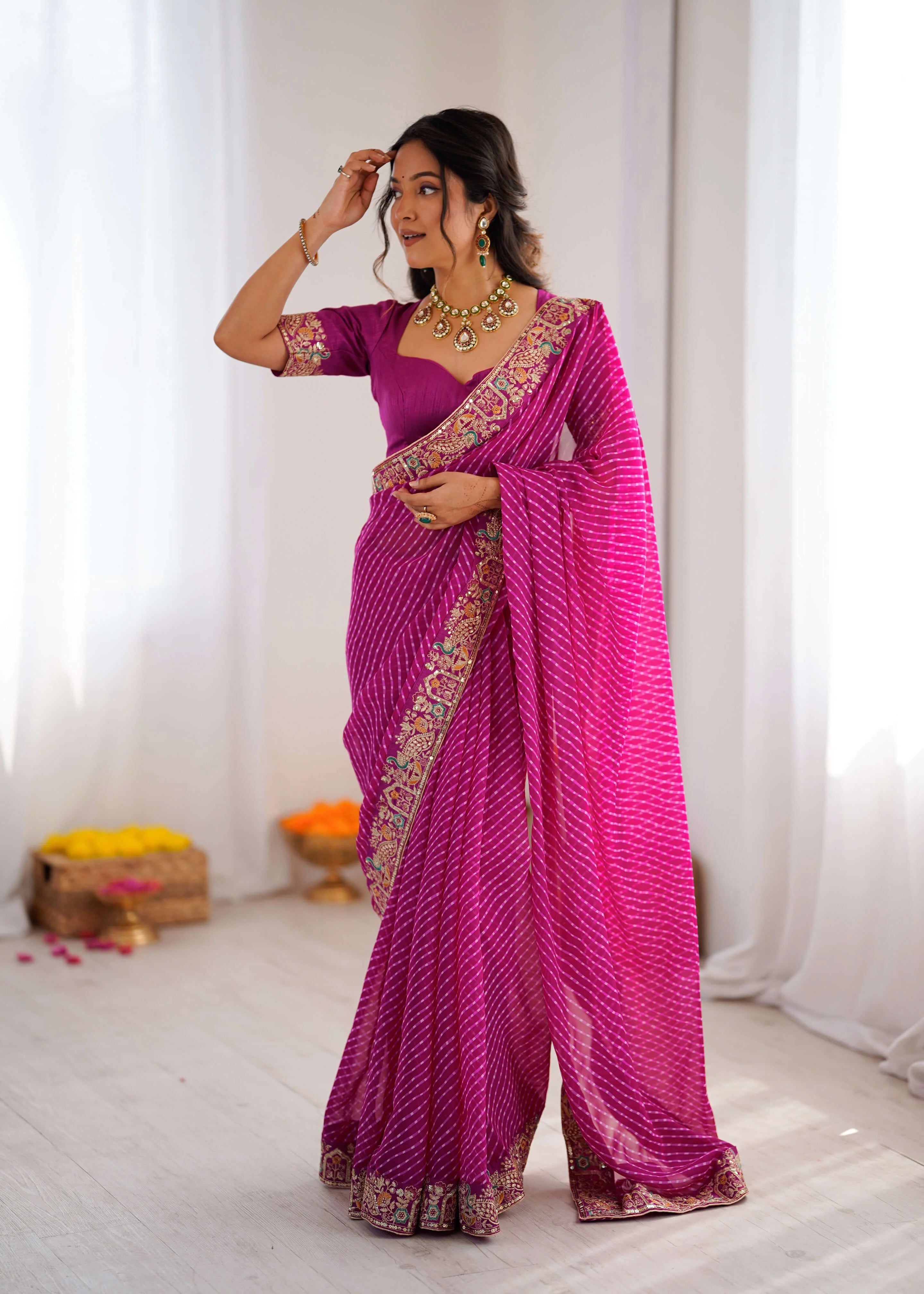 magenta georgette leheriya saree thread sequin border detail