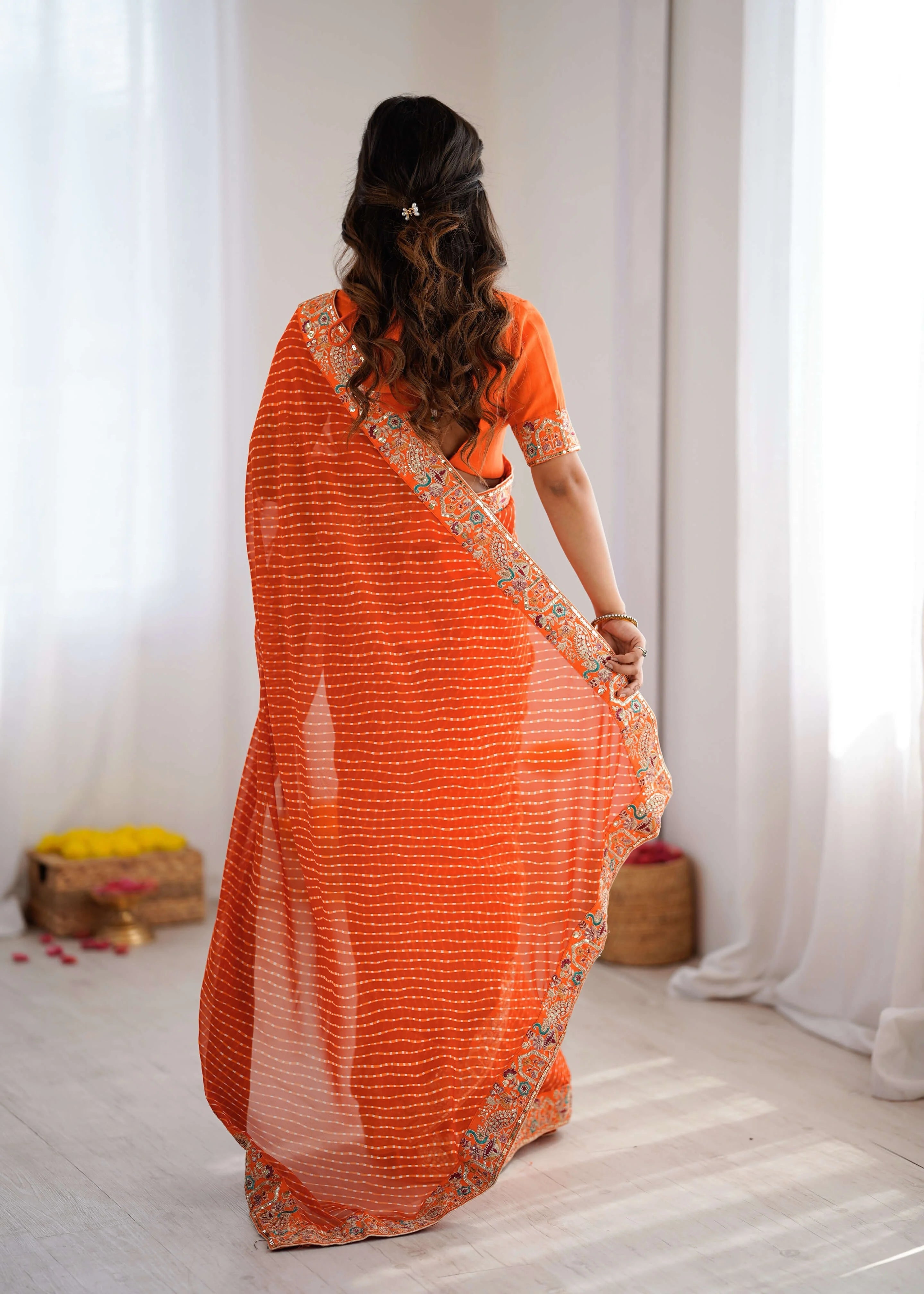 orange georgette leheriya saree back drape view