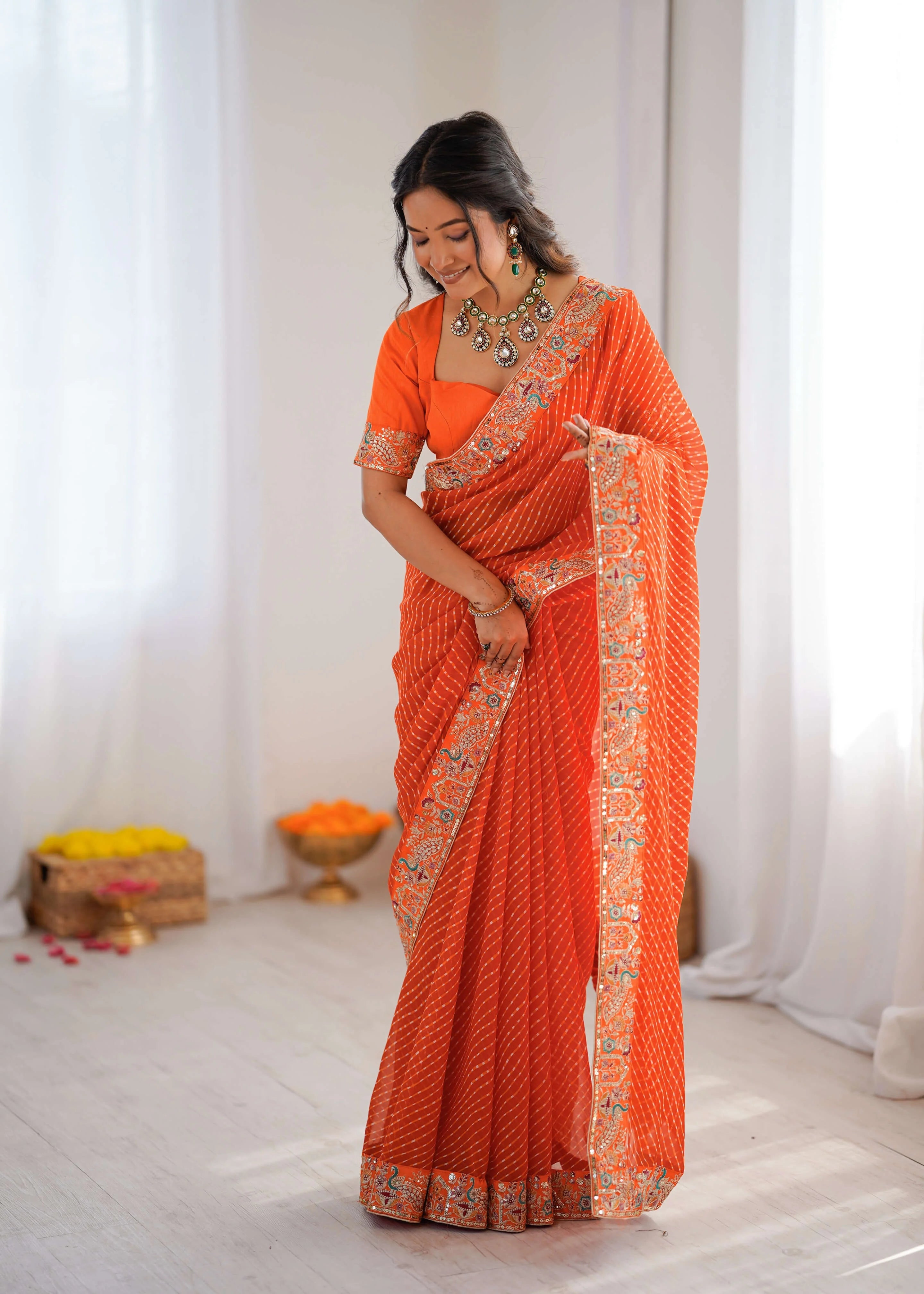 orange georgette leheriya saree with thread sequin embroidery