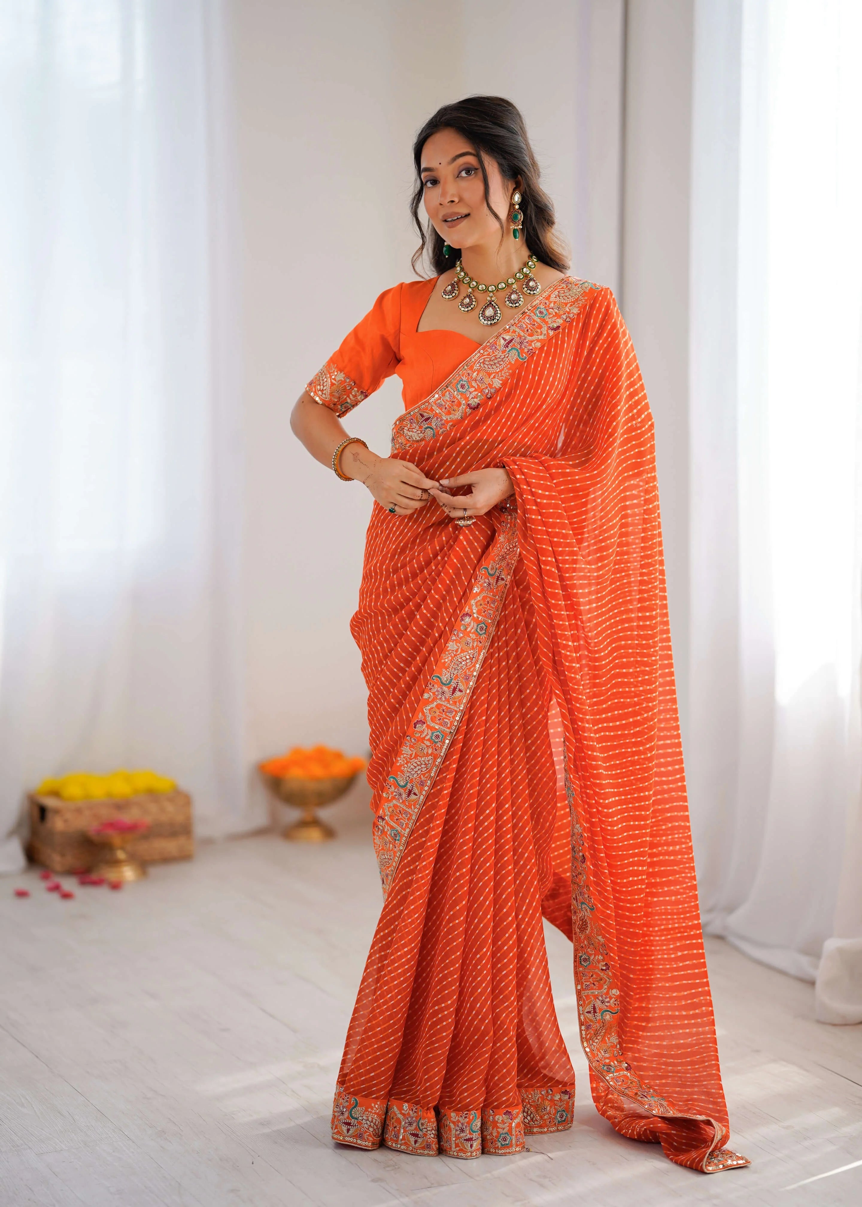orange georgette leheriya saree front view