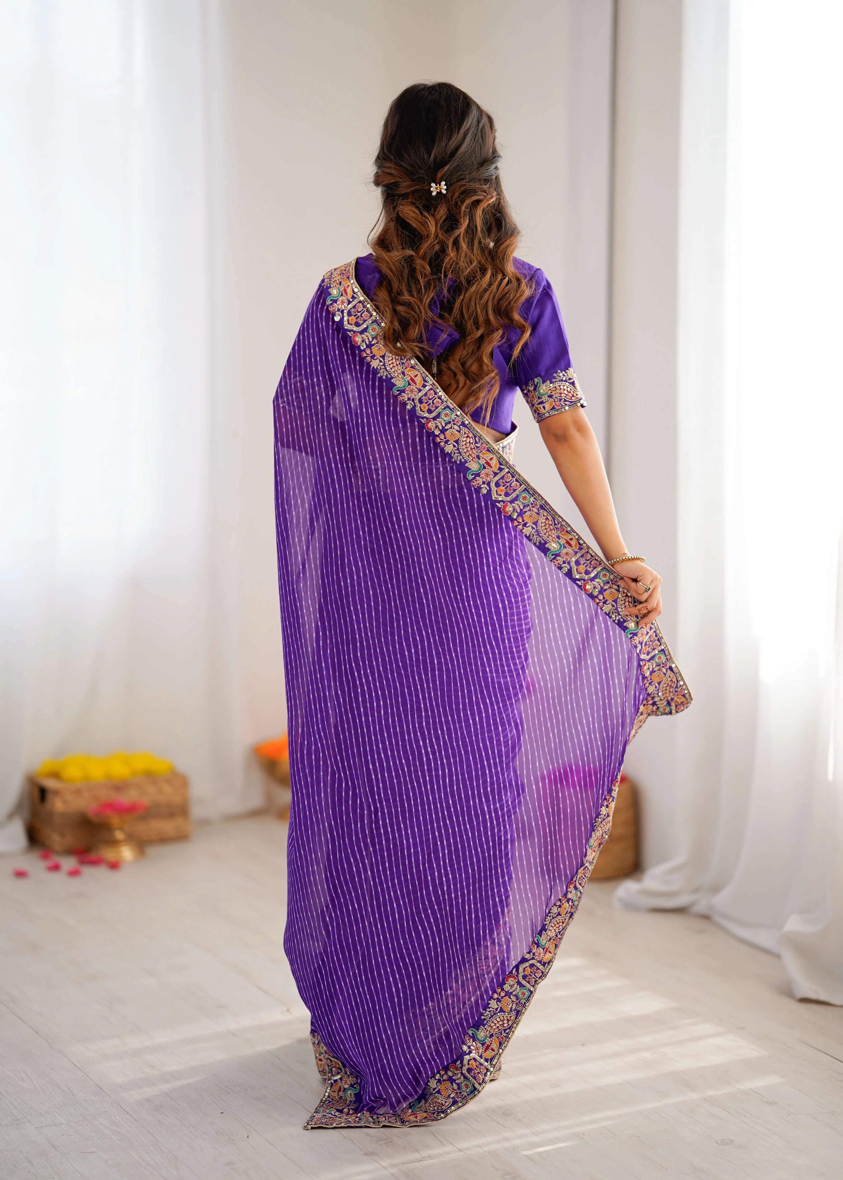purple georgette leheriya saree back view