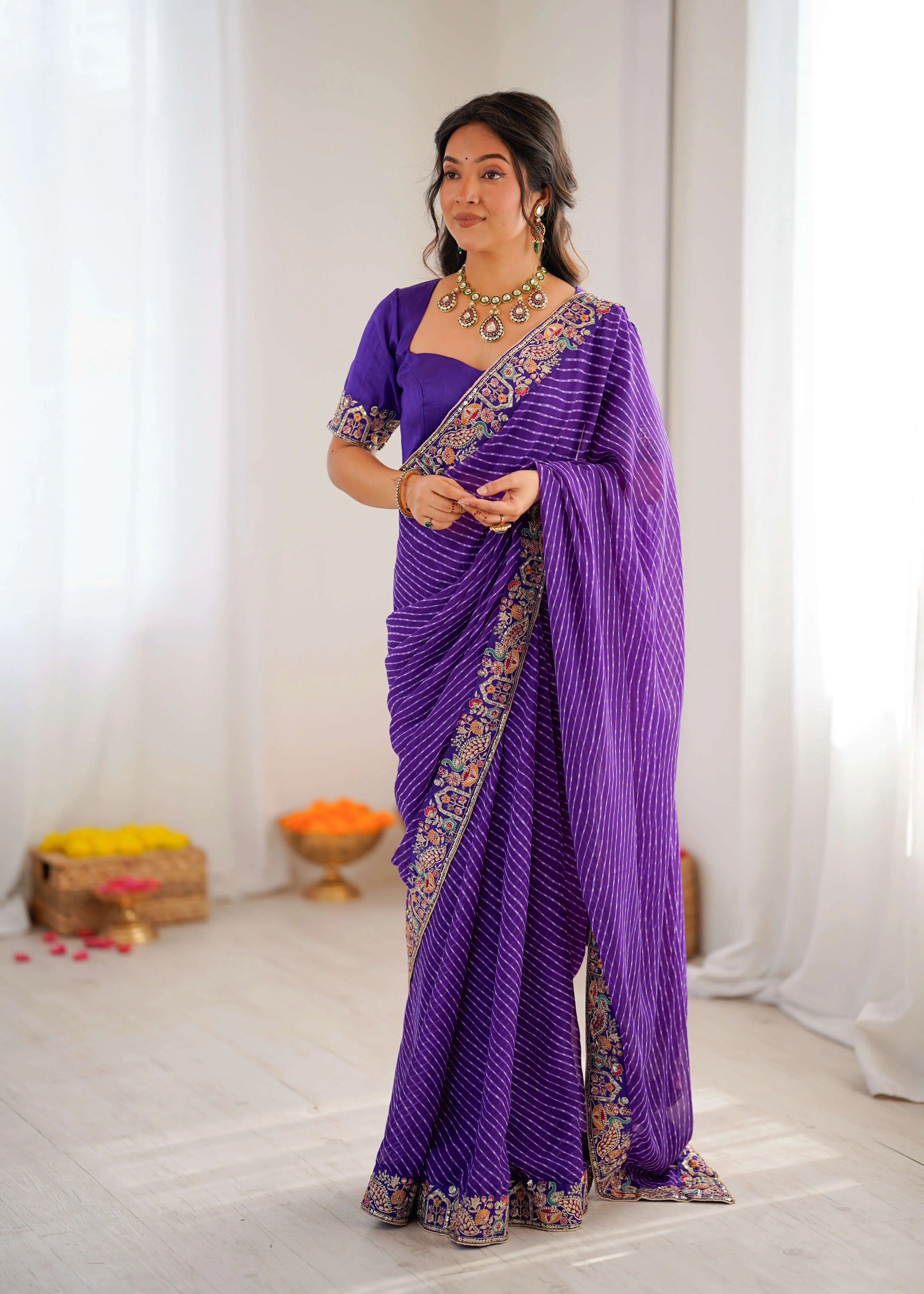 georgette leheriya saree purple front standing view