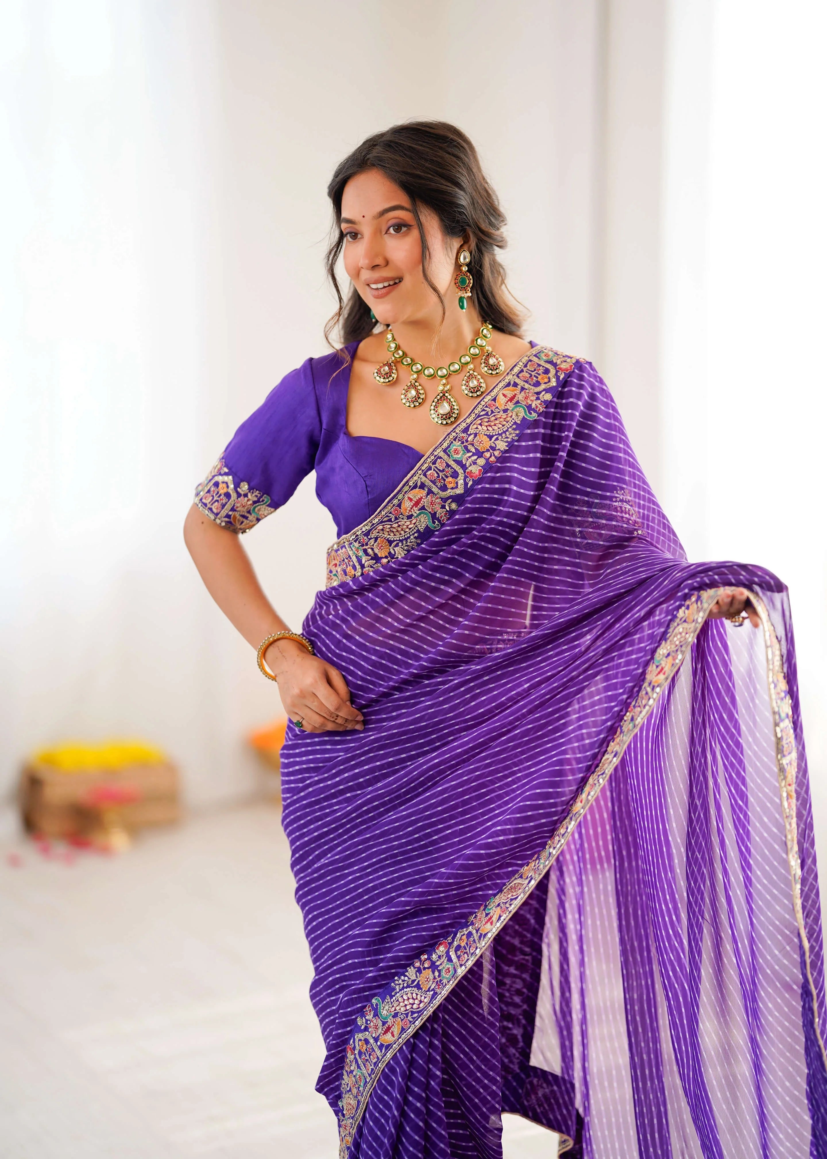 purple leheriya georgette saree front full view