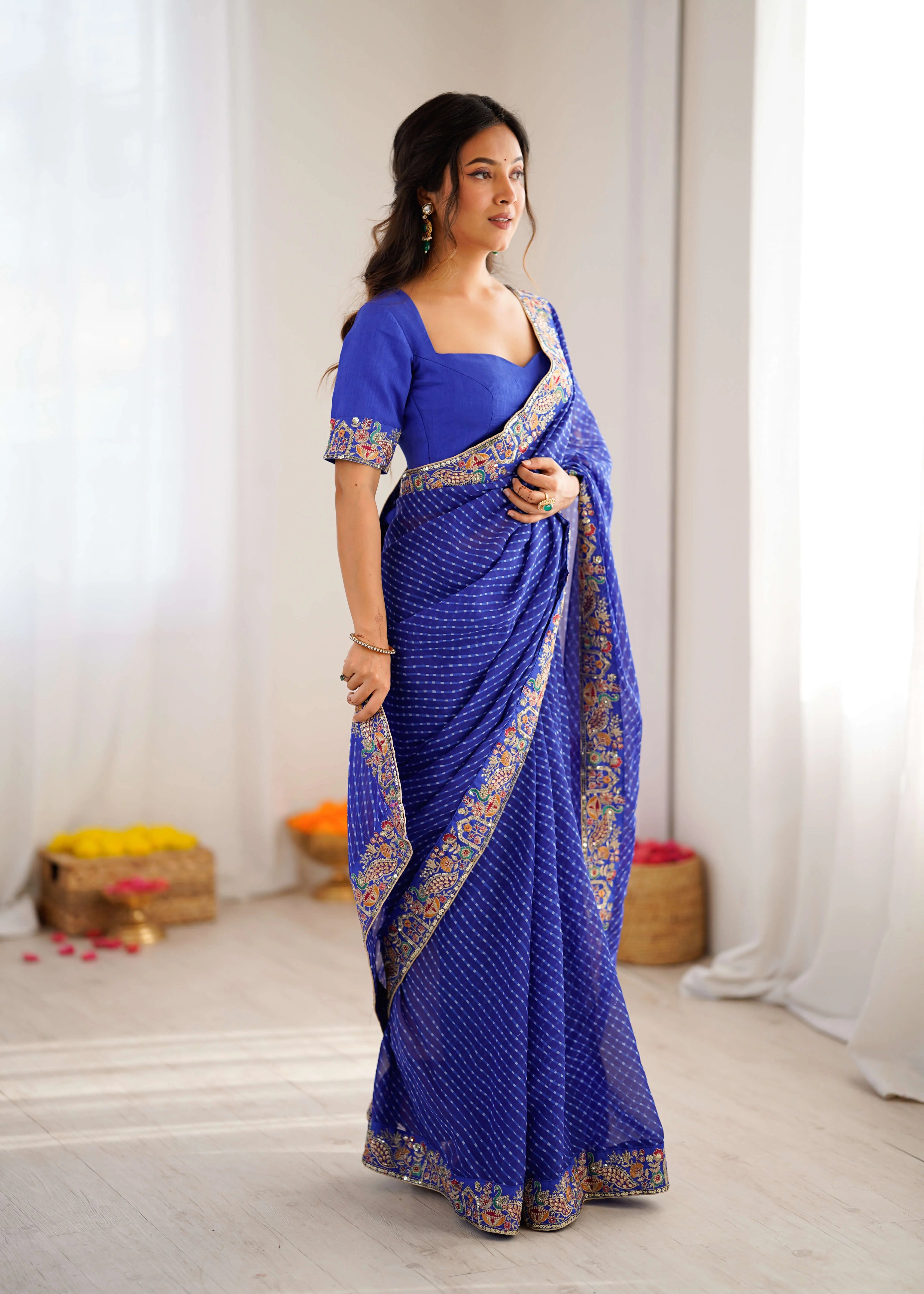 royal blue georgette leheriya saree side view
