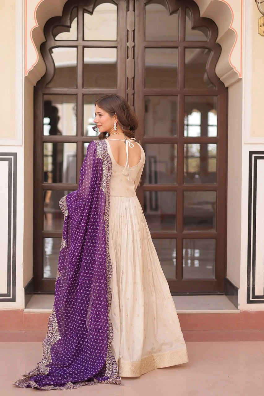 ivory gown with rani pink bandhani dupatta full view