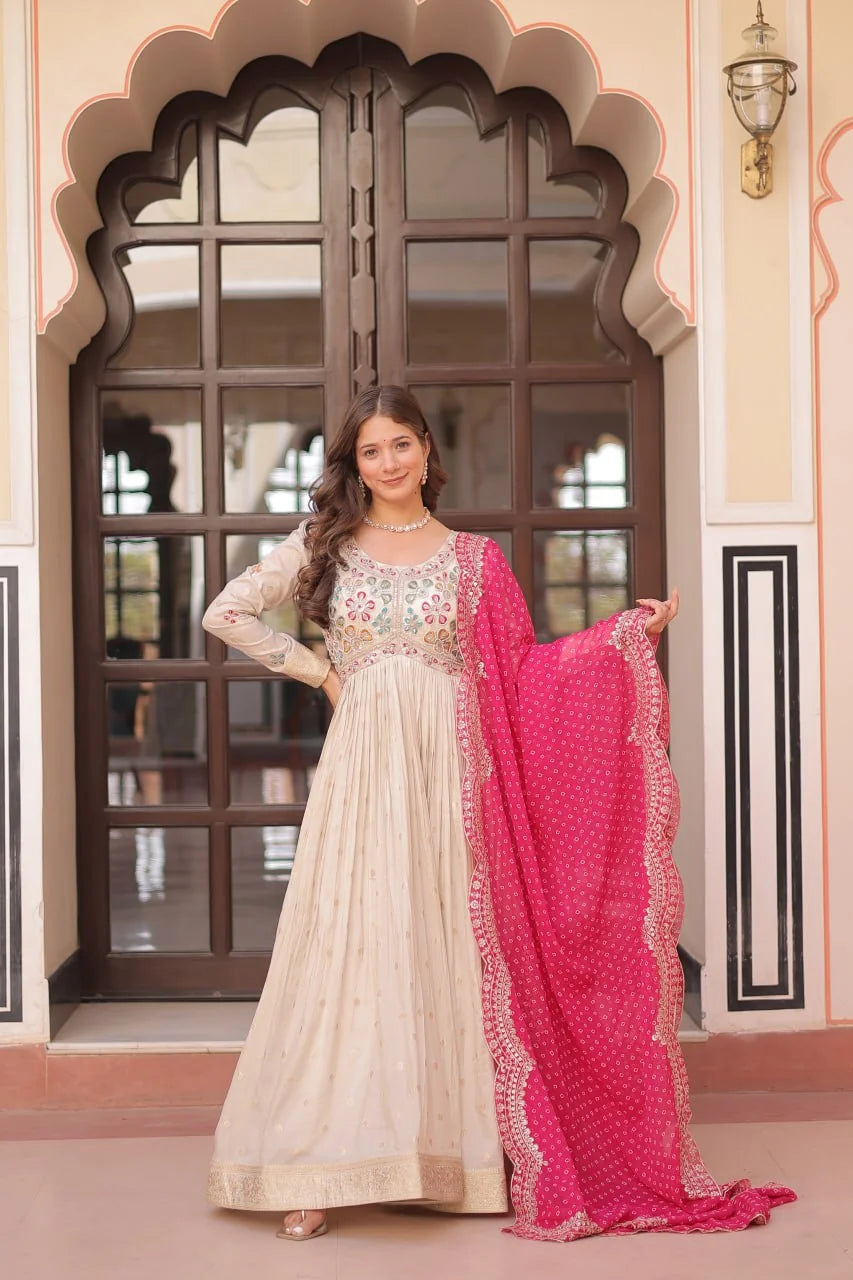 white gown with bandhani dupatta rani pink wrapped front