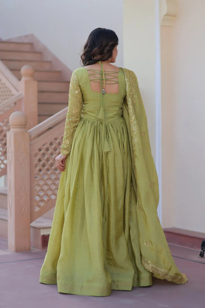 olive green gold crush anarkali gown with dupatta back lace-up view