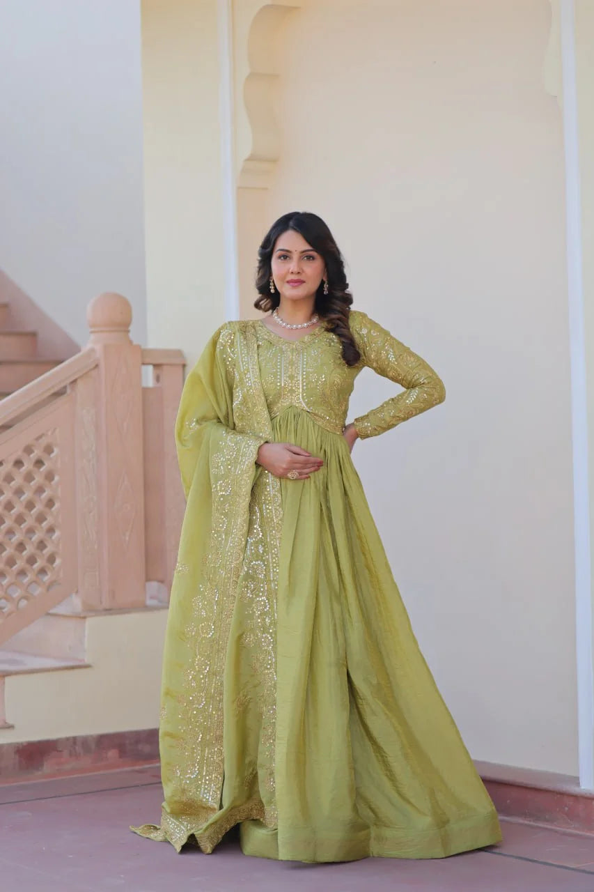 olive green gold crush anarkali gown bodice sequin embroidery detail