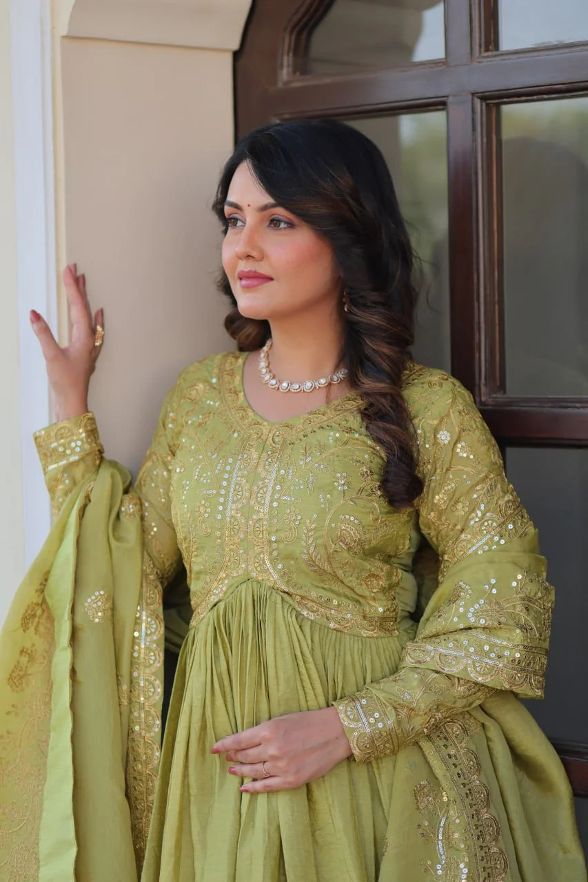 olive green anarkali gown with dupatta festive wear full length