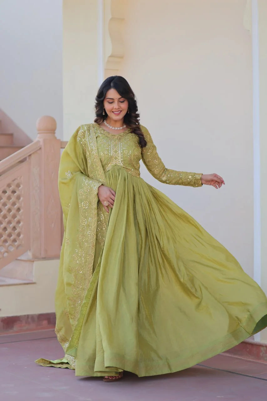 olive green anarkali gown with dupatta full view dupatta drape