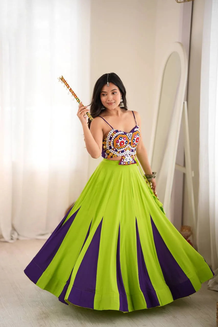 green purple garba lehenga full length with kutchi mirror work choli
