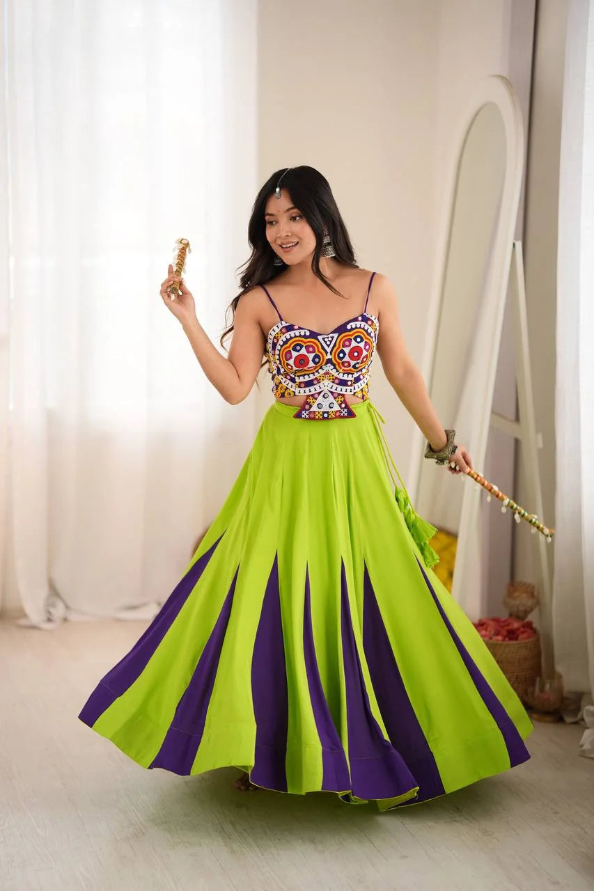 green purple garba lehenga twirl showing 6 meter panelled flare