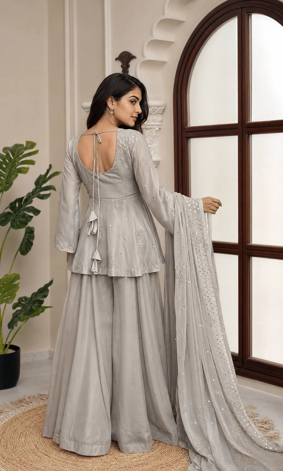 Grey palazzo set back view open back cord tie bell sleeve Chicorawear