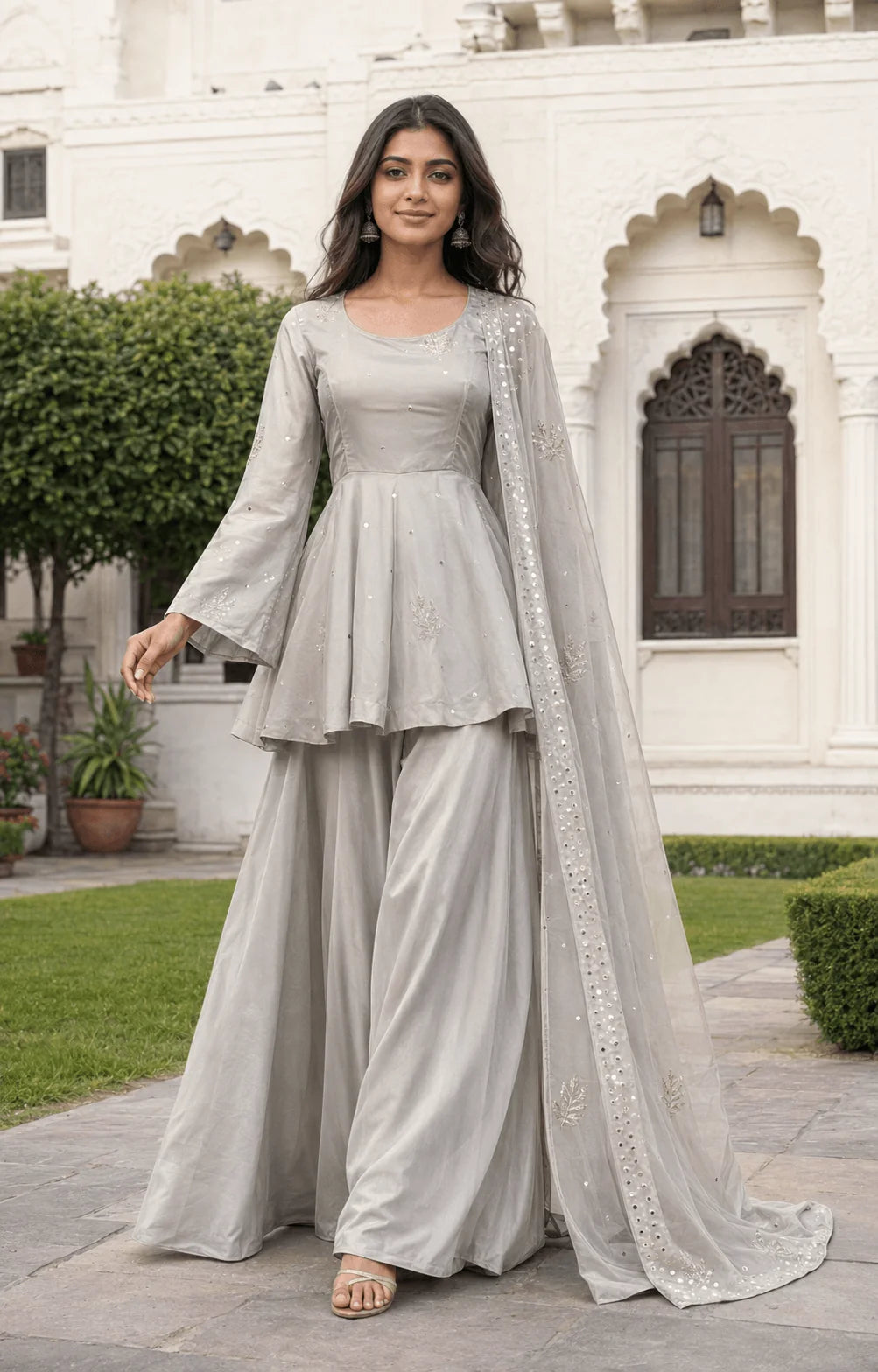 Grey tabby silk palazzo set front view foil work peplum top Chicorawear