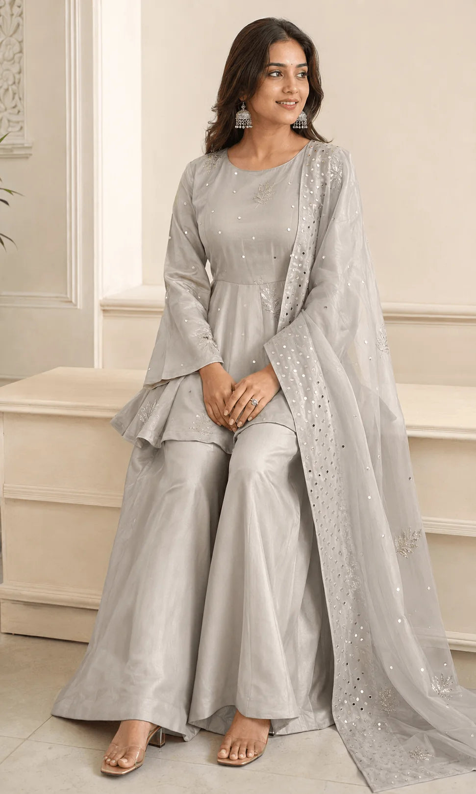 Grey tabby silk palazzo set indoor view festive wear women Chicorawear
