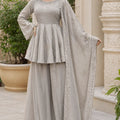 Grey tabby silk palazzo set outdoor full view with dupatta Chicorawear