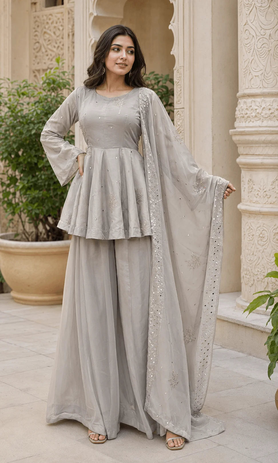 Grey tabby silk palazzo set outdoor full view with dupatta Chicorawear