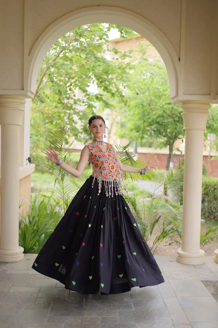 Black heart embroidery chaniya choli twirl with heart skirt