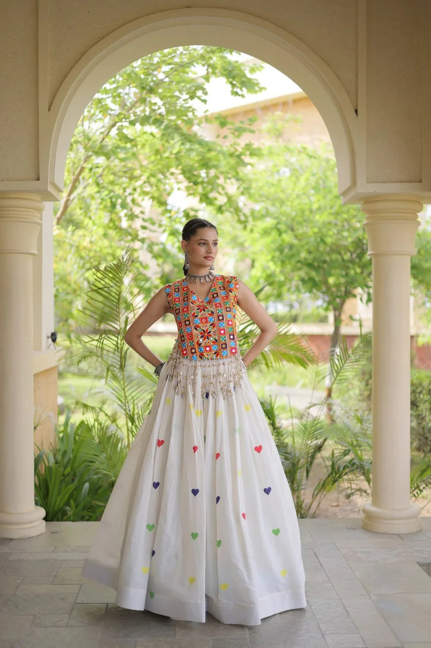 White heart embroidery chaniya choli with kutchi mirror choli