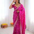 Heavy georgette saree sequin work rani pink blouse and styling detail