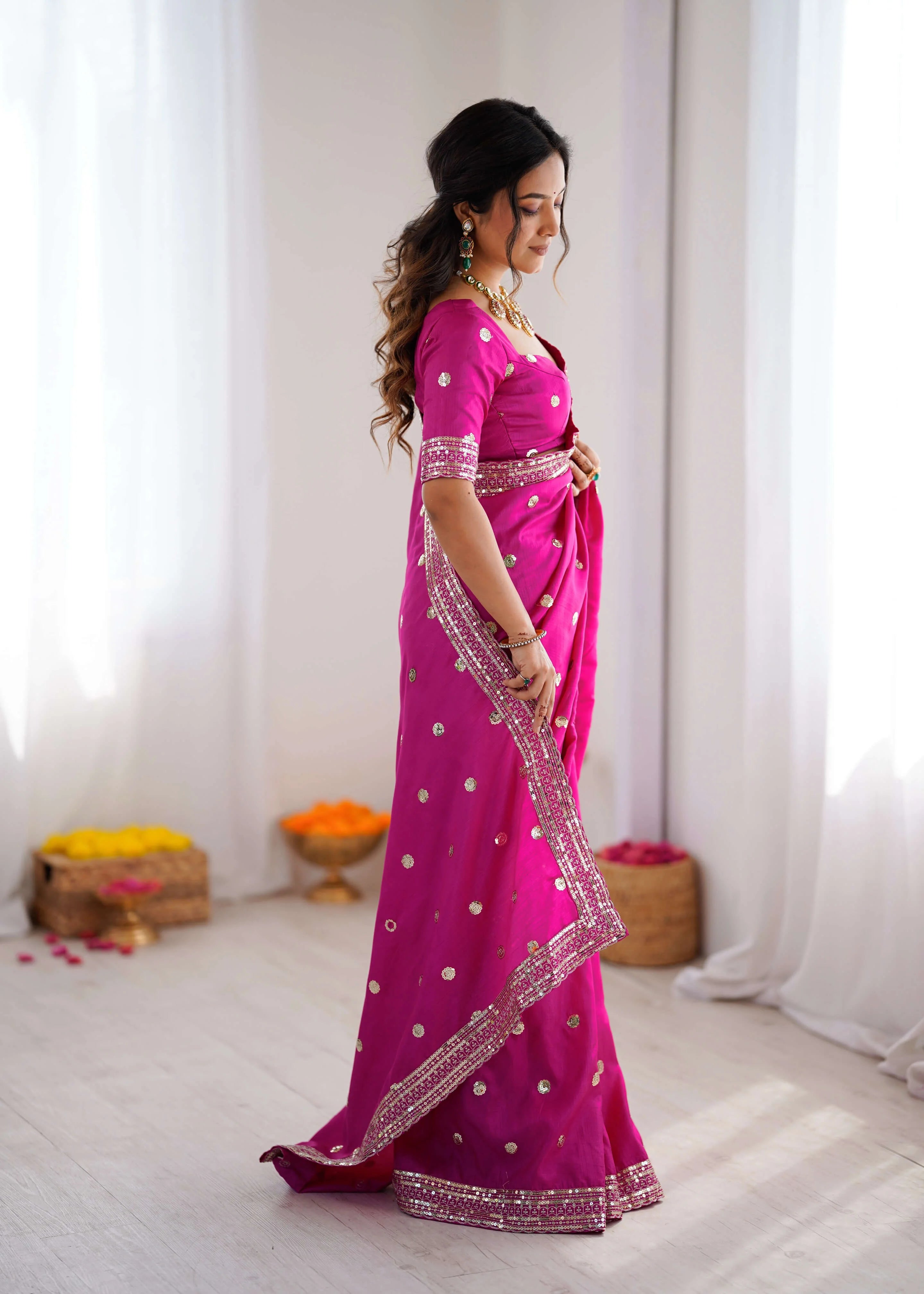 Designer georgette sequin saree rani pink side view drape