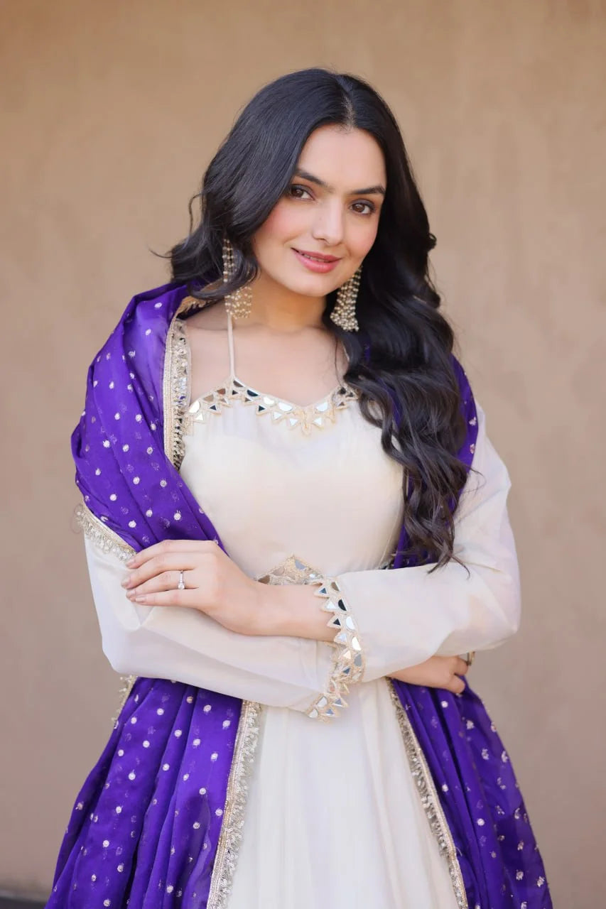 Ivory cosmos anarkali gown real mirror zari lace neckline close-up purple dupatta