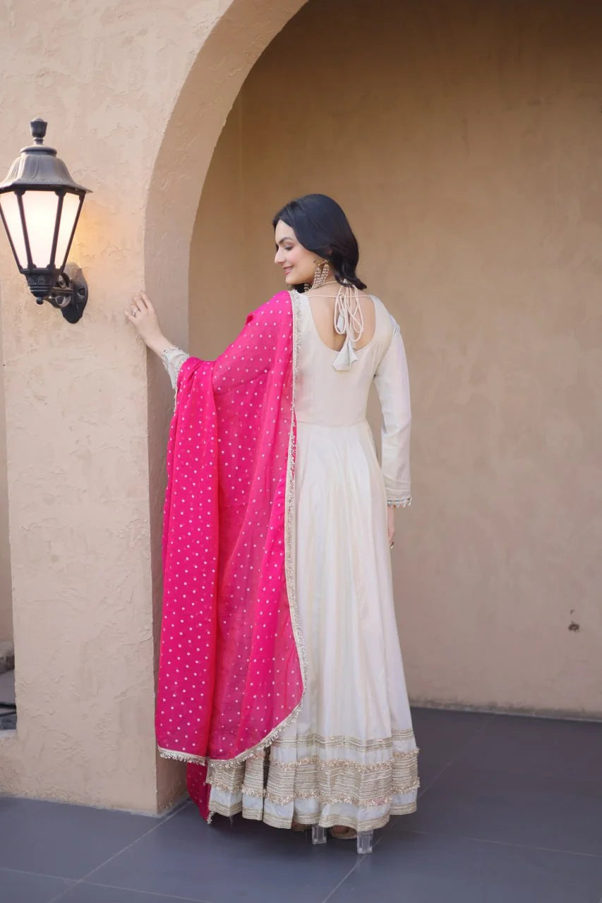 Ivory cosmos anarkali gown with pink moss butti dupatta back view Chicorawear