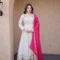Ivory anarkali gown with pink dupatta full length front wedding Chicorawear