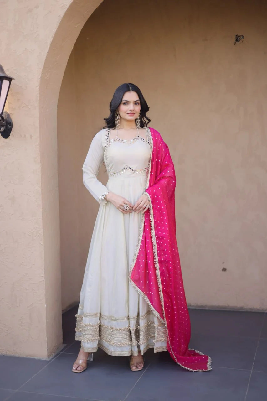 Ivory anarkali gown with pink dupatta full length front wedding Chicorawear