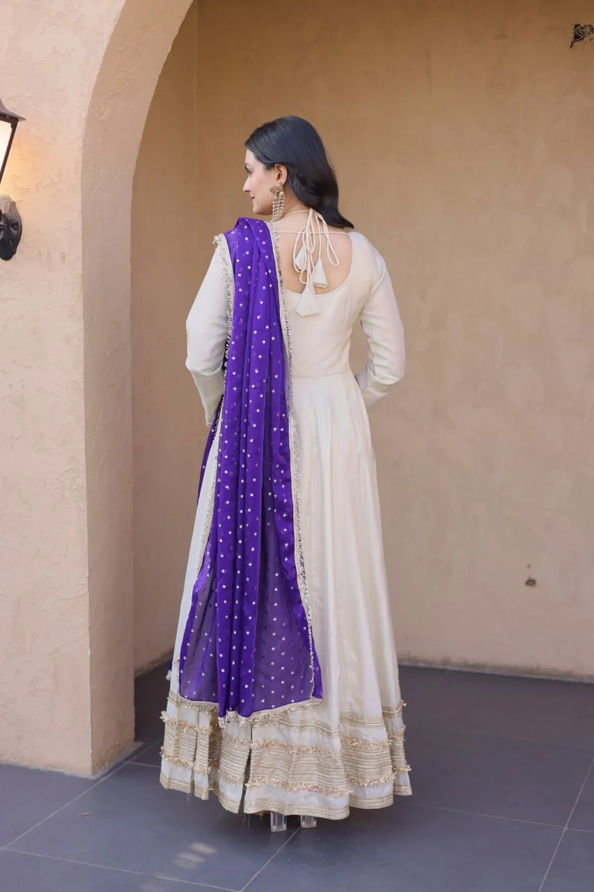 Ivory cosmos anarkali gown purple dupatta back view dori tie tassel detail