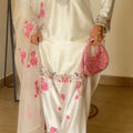 Ivory pink floral embroidered farshi salwar suit set with organza dupatta front view