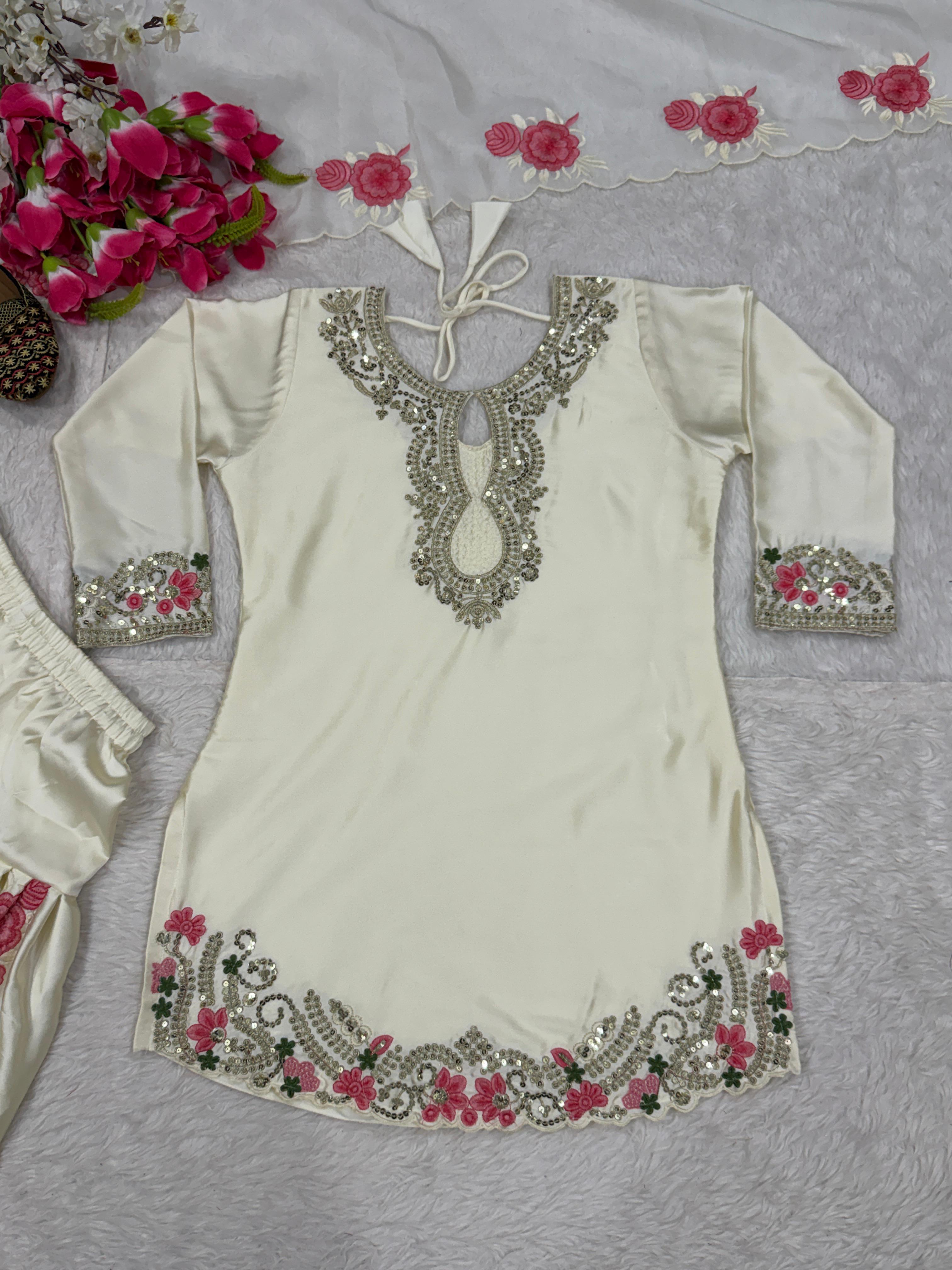 Full view of ivory pink floral embroidered farshi salwar suit set with organza dupatta