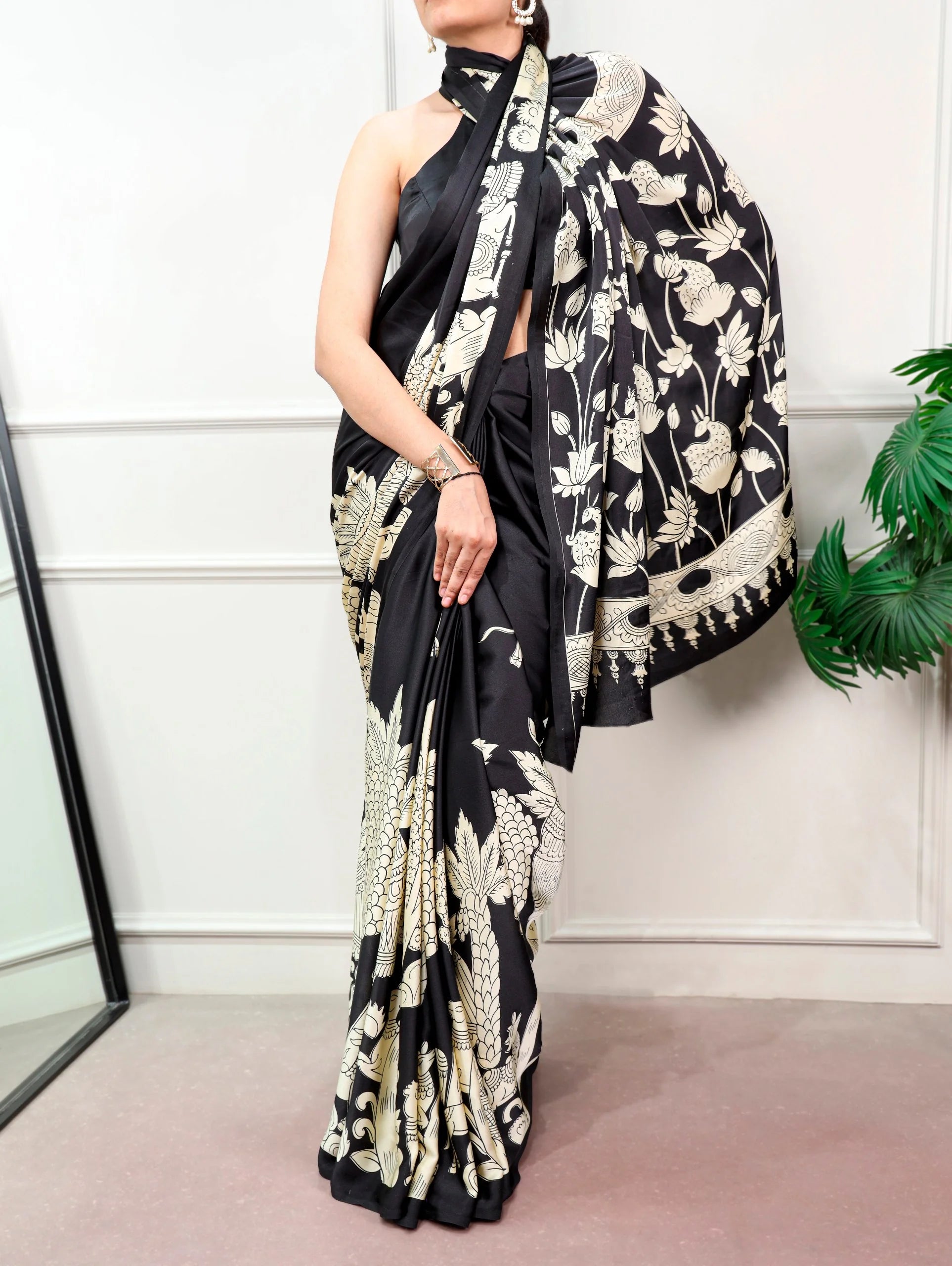 kalamkari silk saree black cream print full view