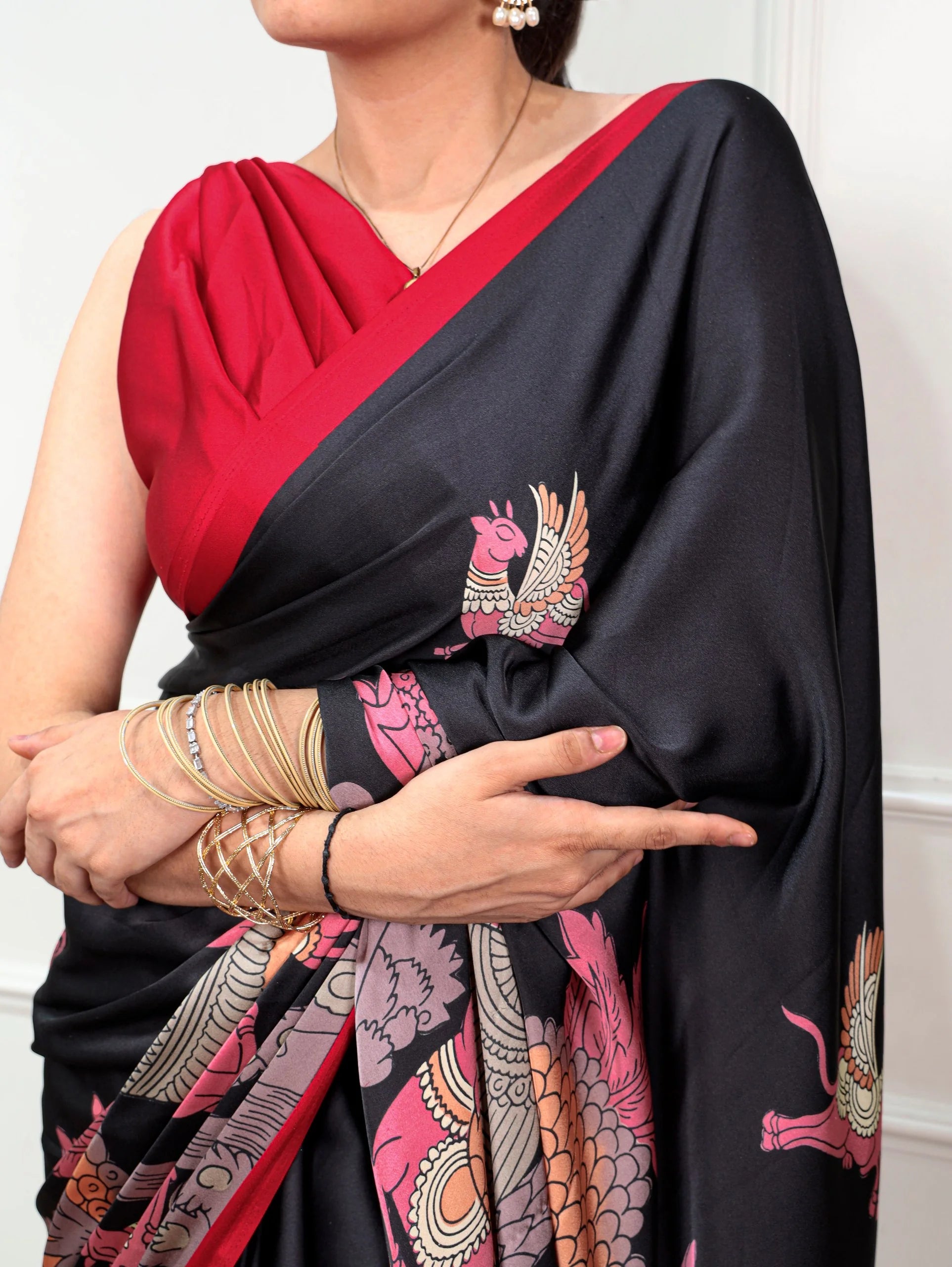 kalamkari satin silk saree black cream pallu temple motifs
