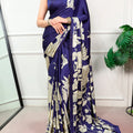 kalamkari satin silk saree navy blue satin blouse closeup