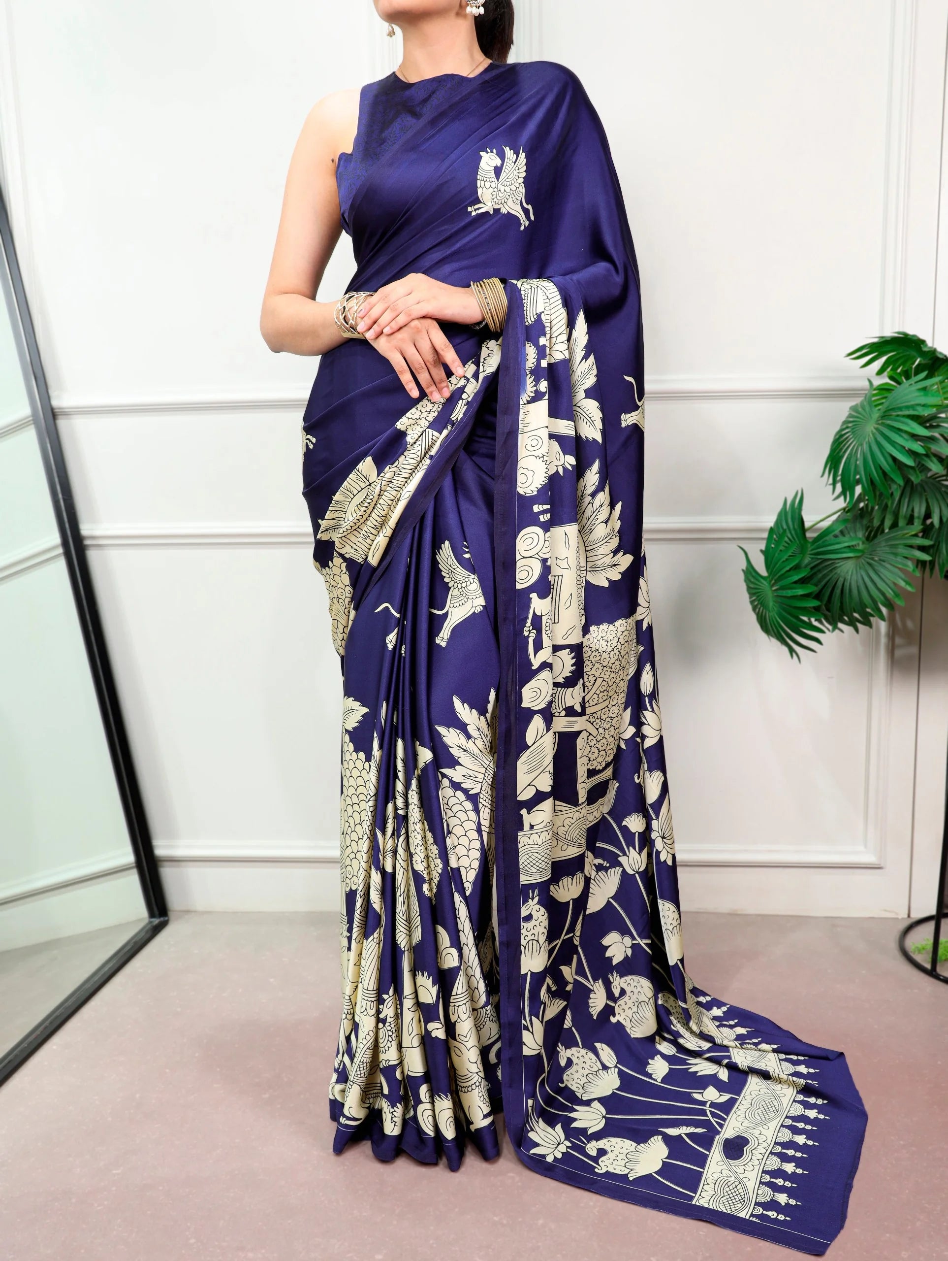 kalamkari satin silk saree navy blue satin blouse closeup