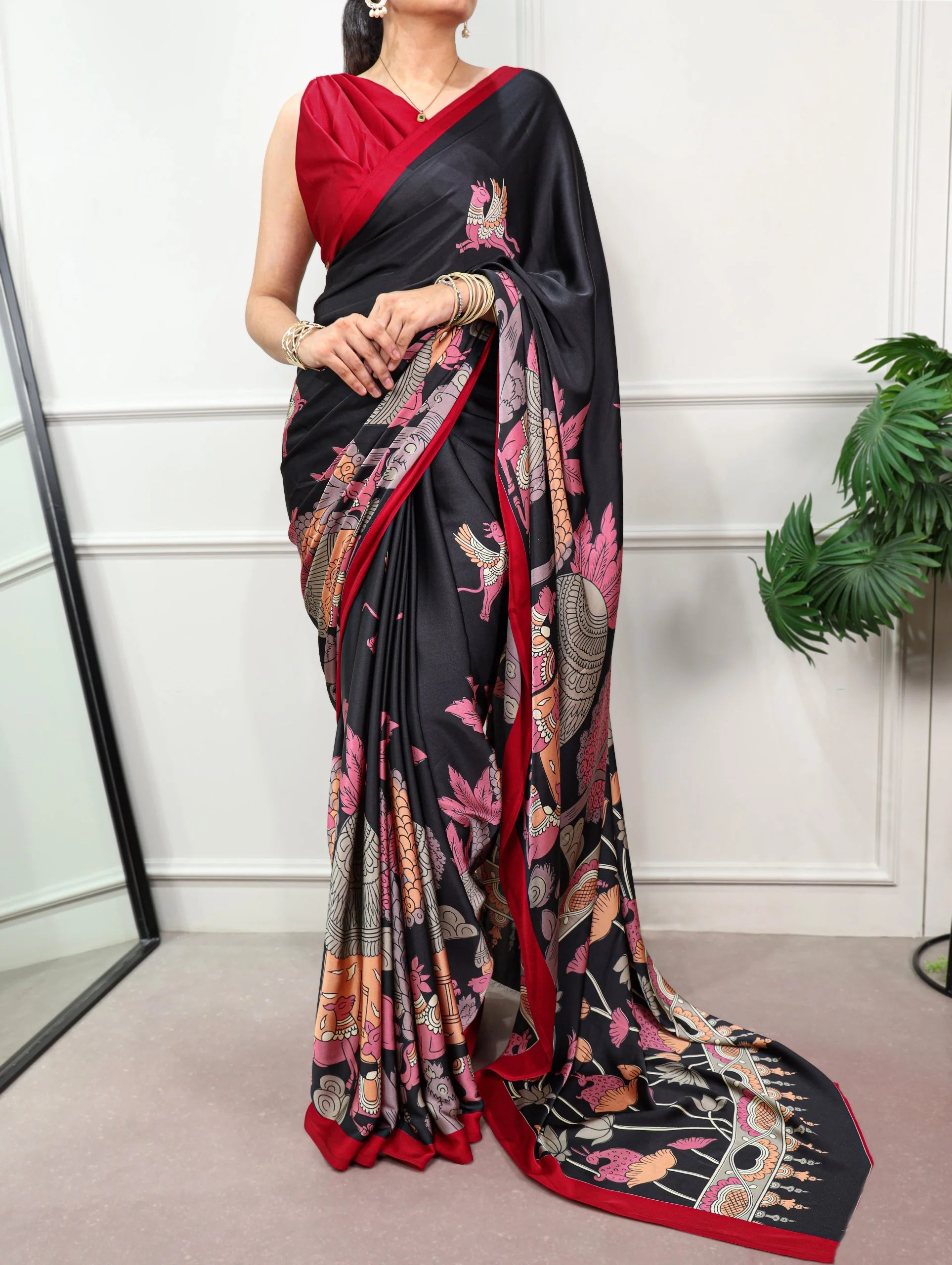 kalamkari silk saree navy blue temple motif pattern