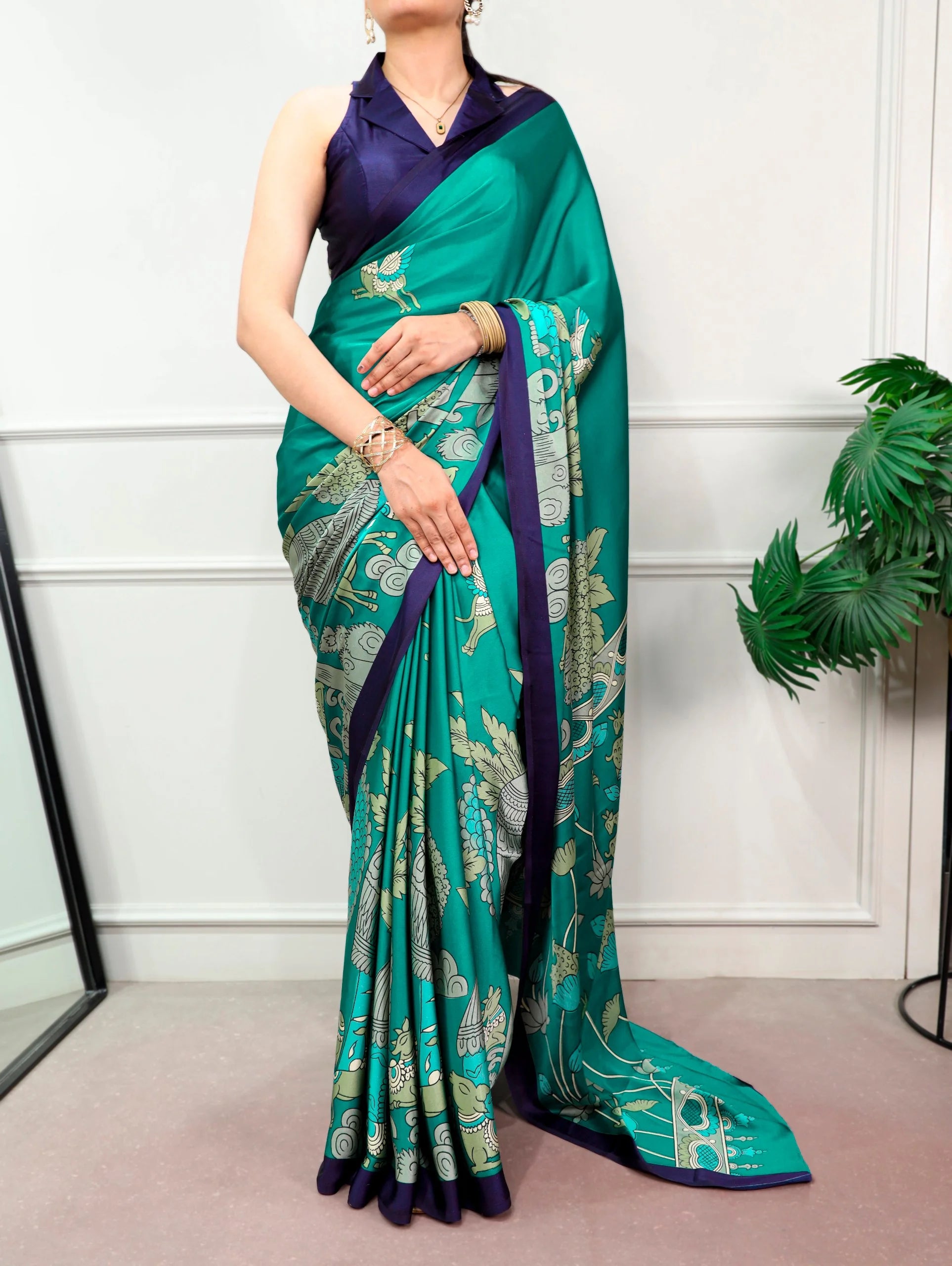 kalamkari silk saree teal green back view