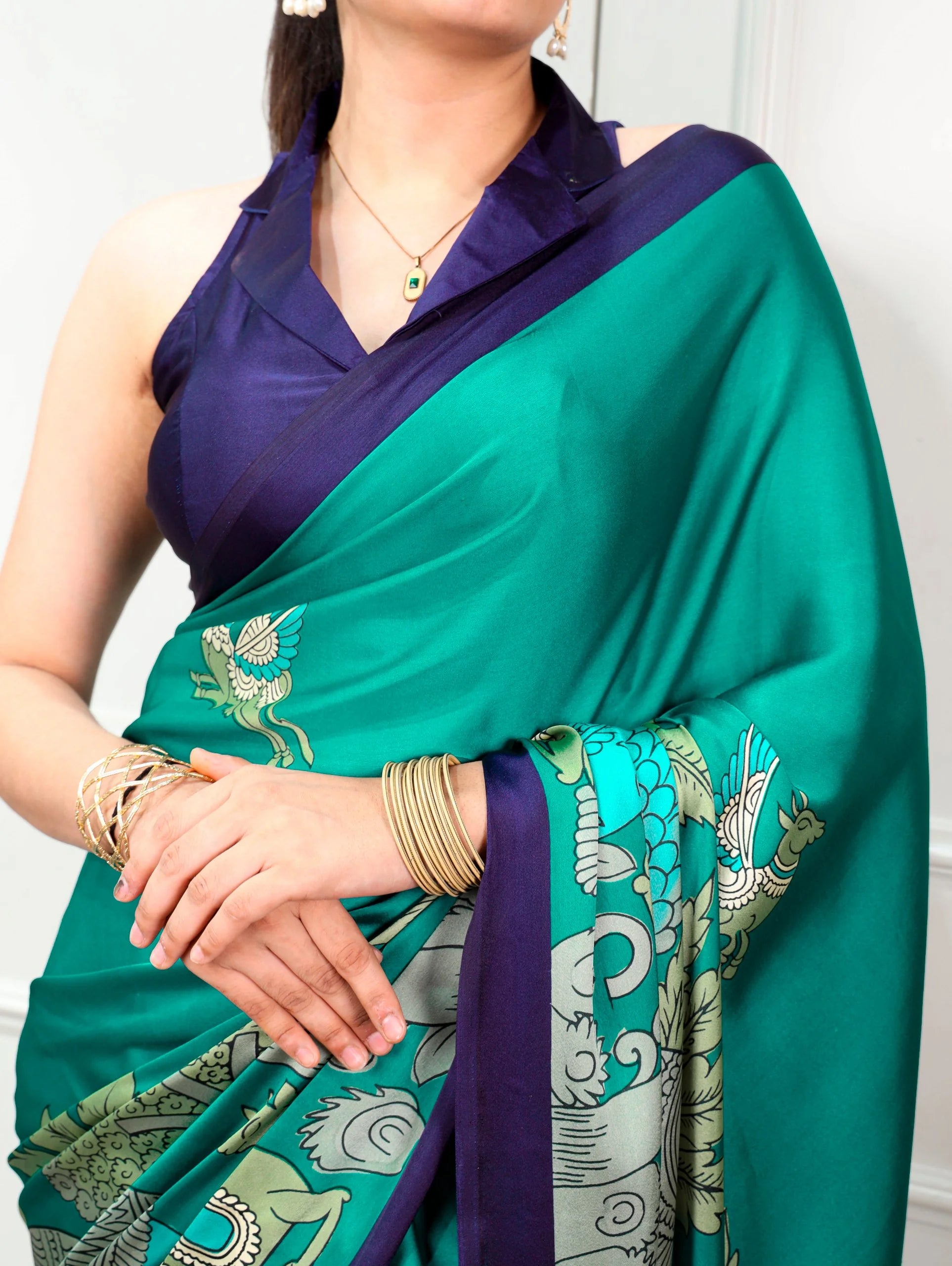 kalamkari satin silk saree teal green blouse closeup