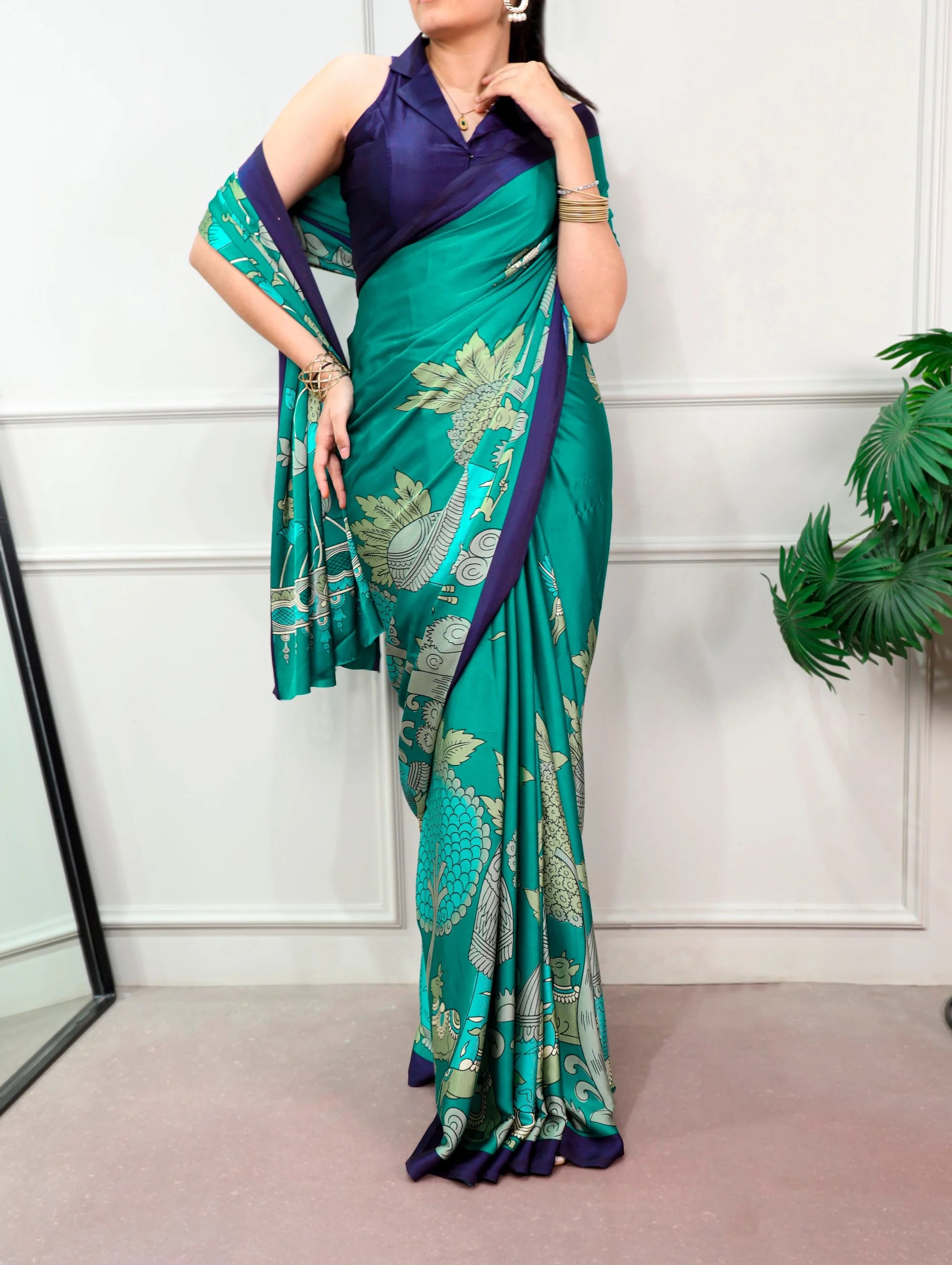 kalamkari satin silk saree teal green front view