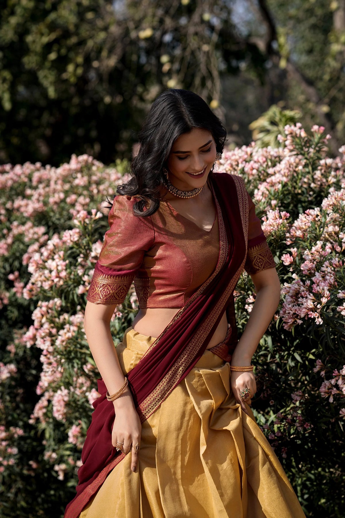 Kanchipuram half saree lehenga set cream and maroon with georgette dupatta – garden view