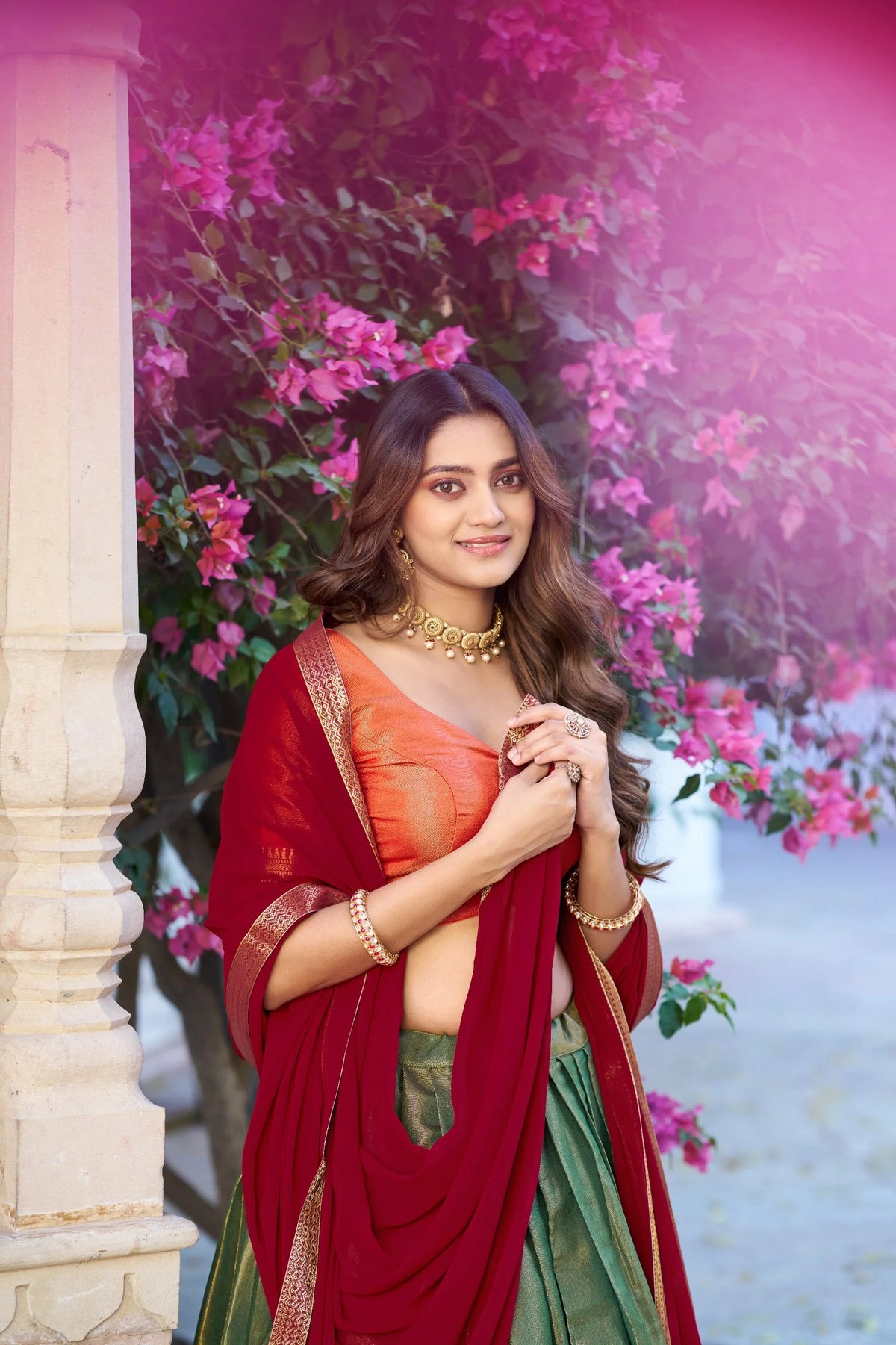 Kanchipuram half saree lehenga set dark green and red with gold zari temple border – full view