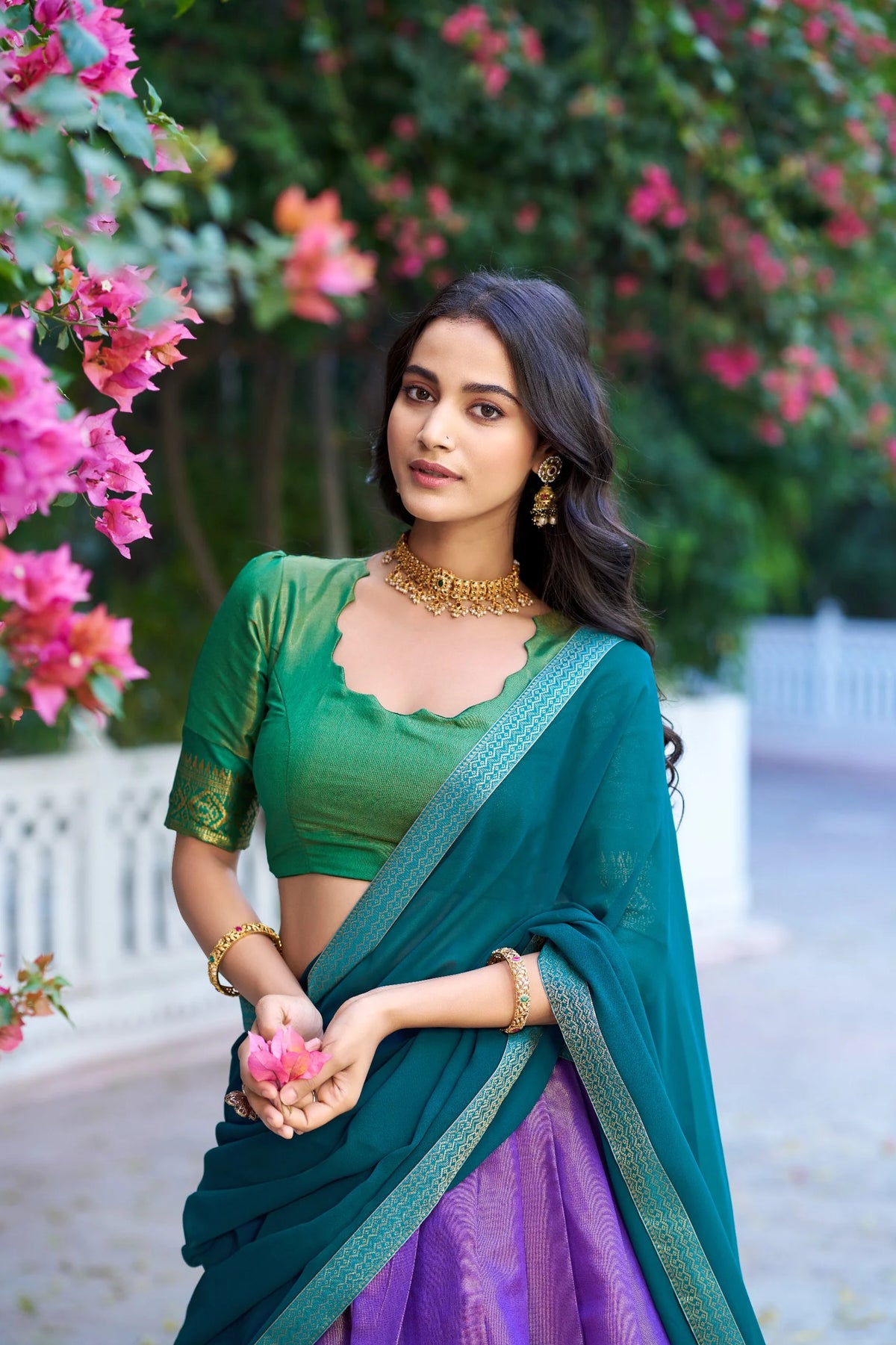 Kanchipuram half saree lehenga set lime green and pink – full length outdoor view
